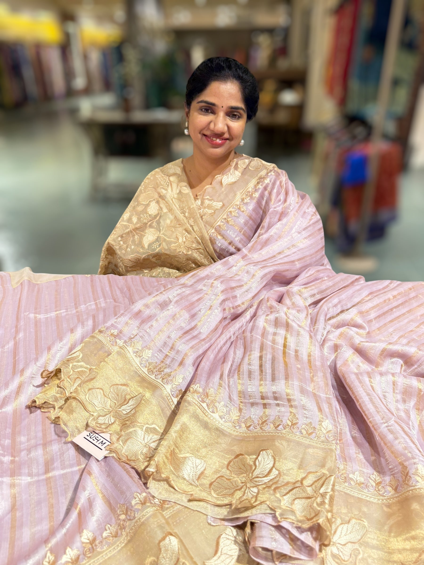 Lilac Mul Tissue Stripes Saree With Tissue Cutwork  Border & Blouse