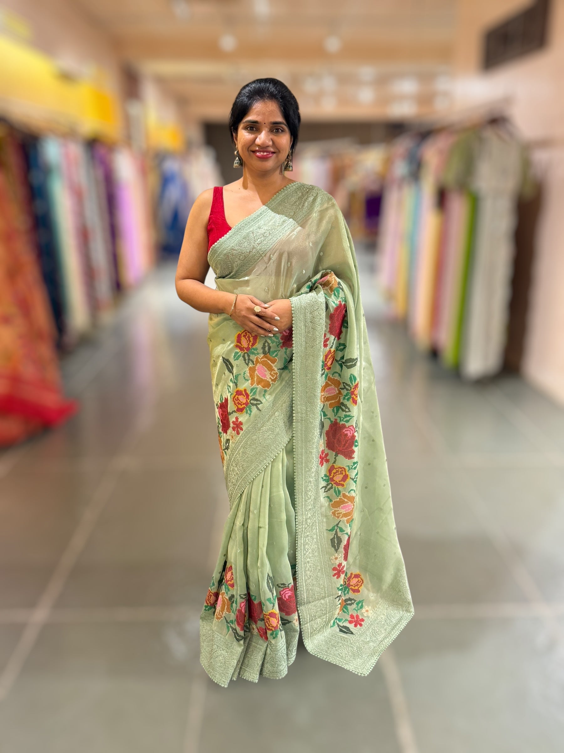 Dhaara : Sage Green Tissue Gorgette Saree