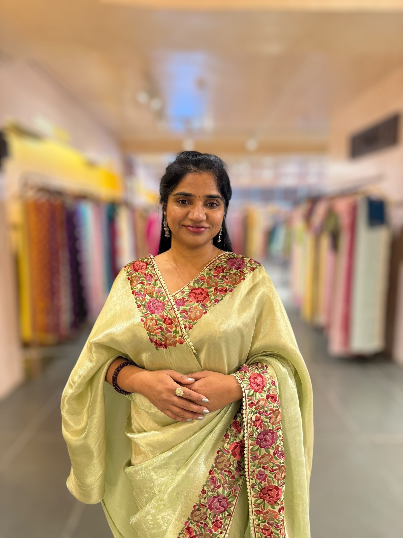 Mint Green Banarasi Brocade tissue saree with tonchui style weaving and parsi gara embroidered border