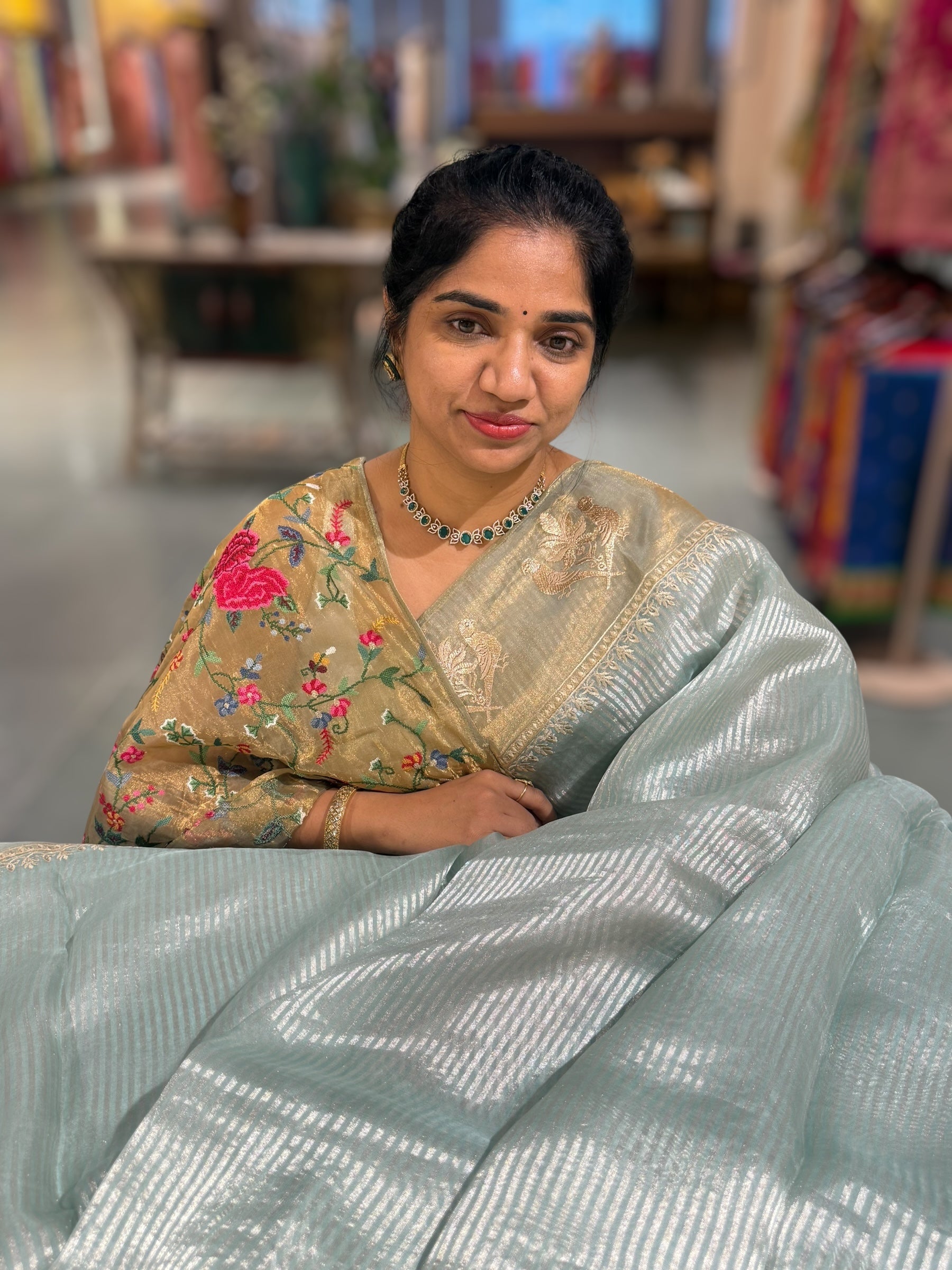 Pastel Blue Kora tissue silver stripes Saree with double parrot  embroidered tissue border