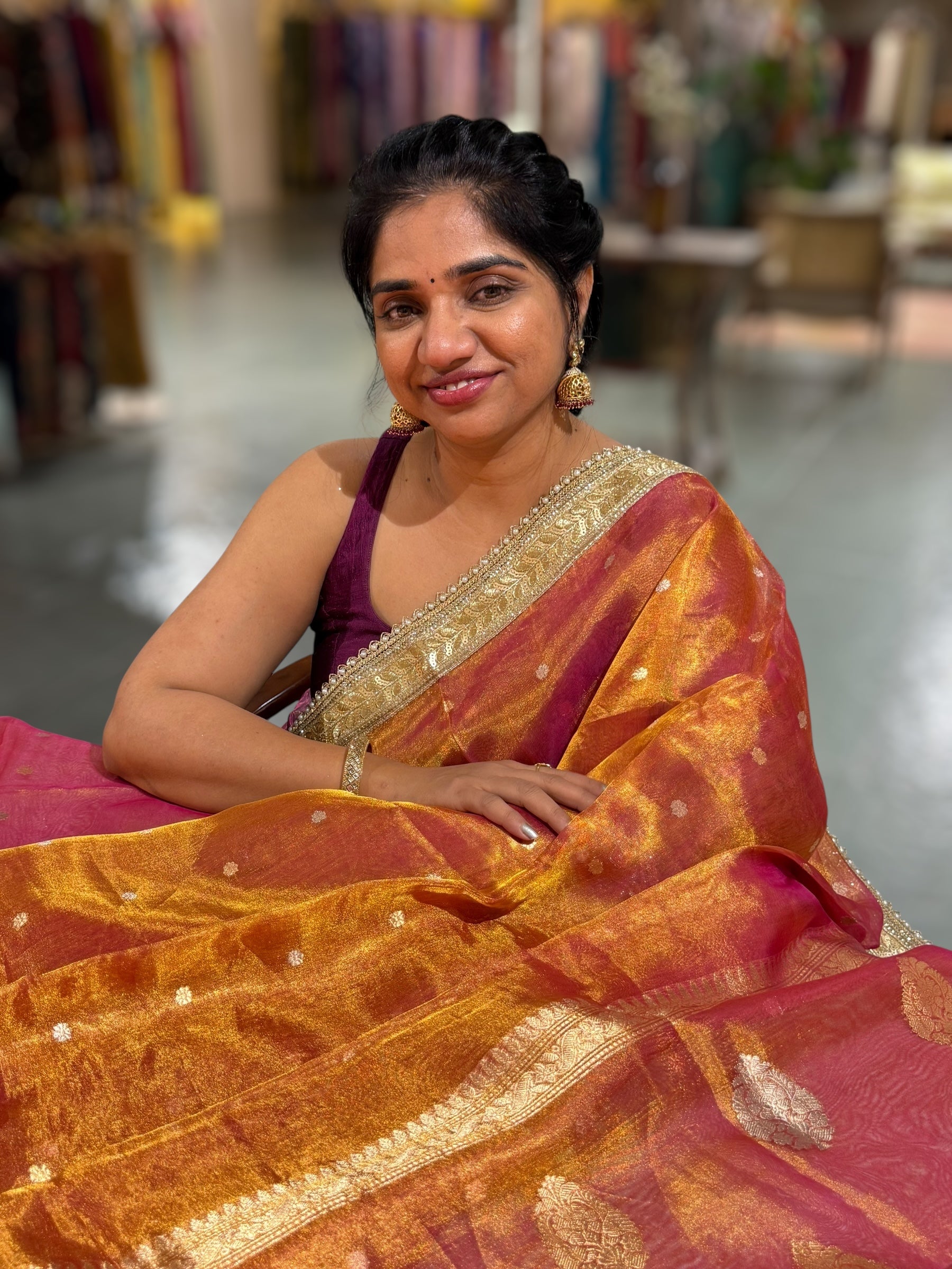 Orange & Pink dualtone Pure handloom Banarasi Tissue saree