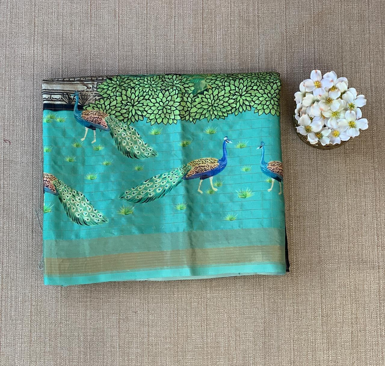 Black Checks Soft Silk with beautiful Skirt Border Peacock Print