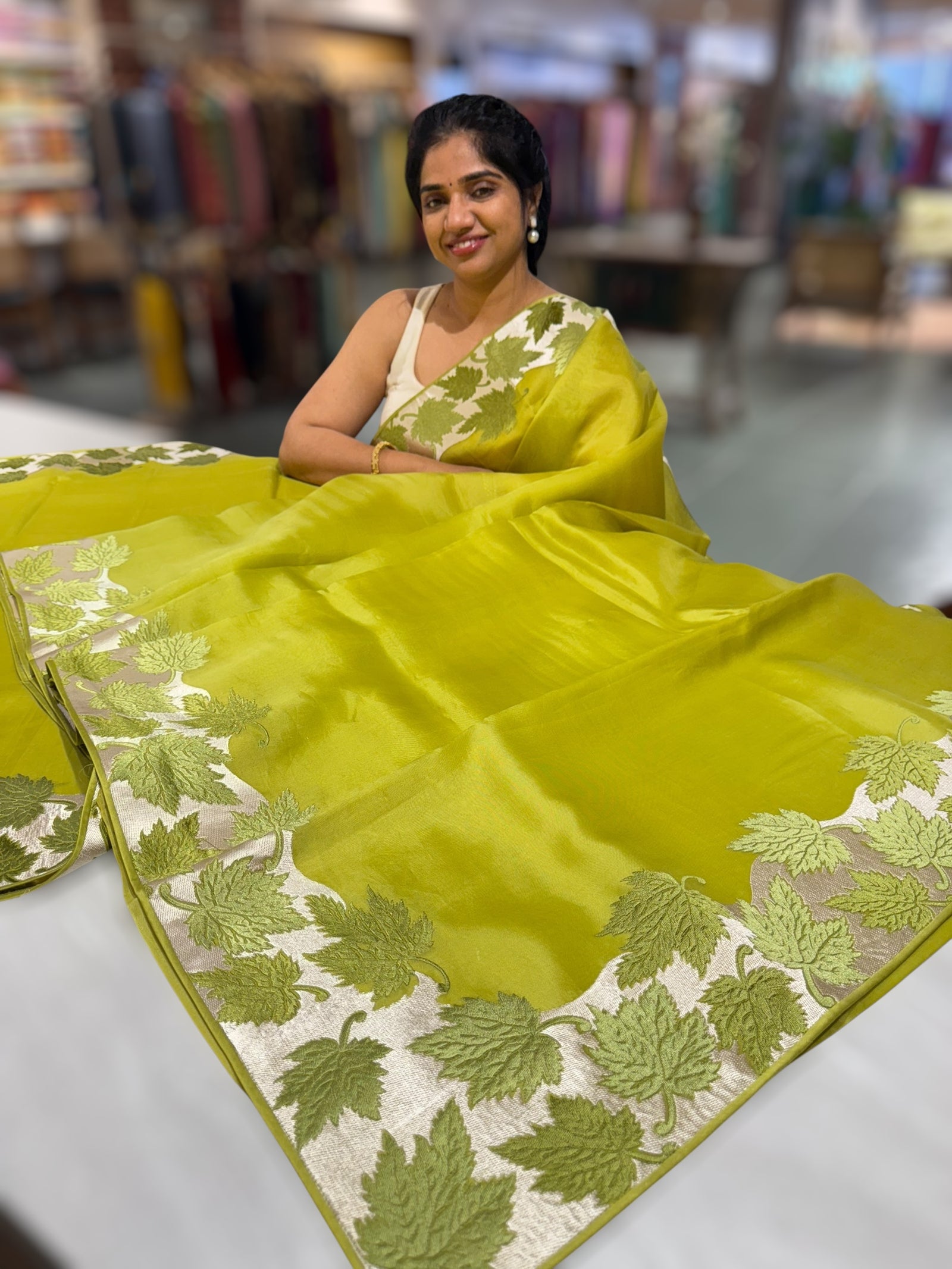 Lime Green Organza Saree with Stunning Leaf Embroidered Border