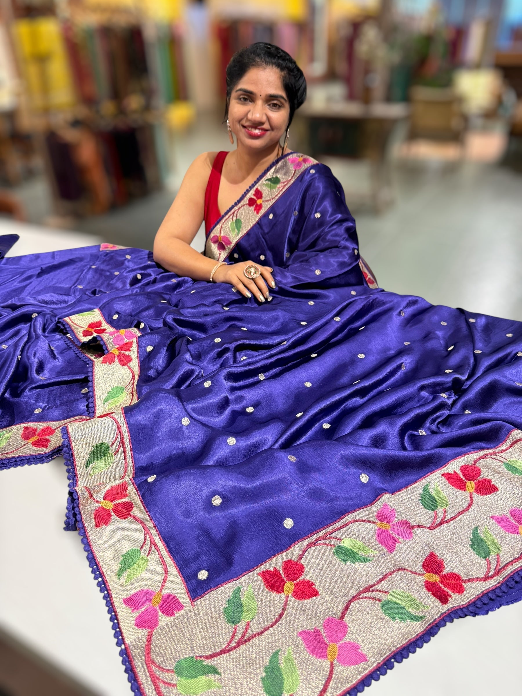 Violet Satin Saree with Paithani Embroidered Border