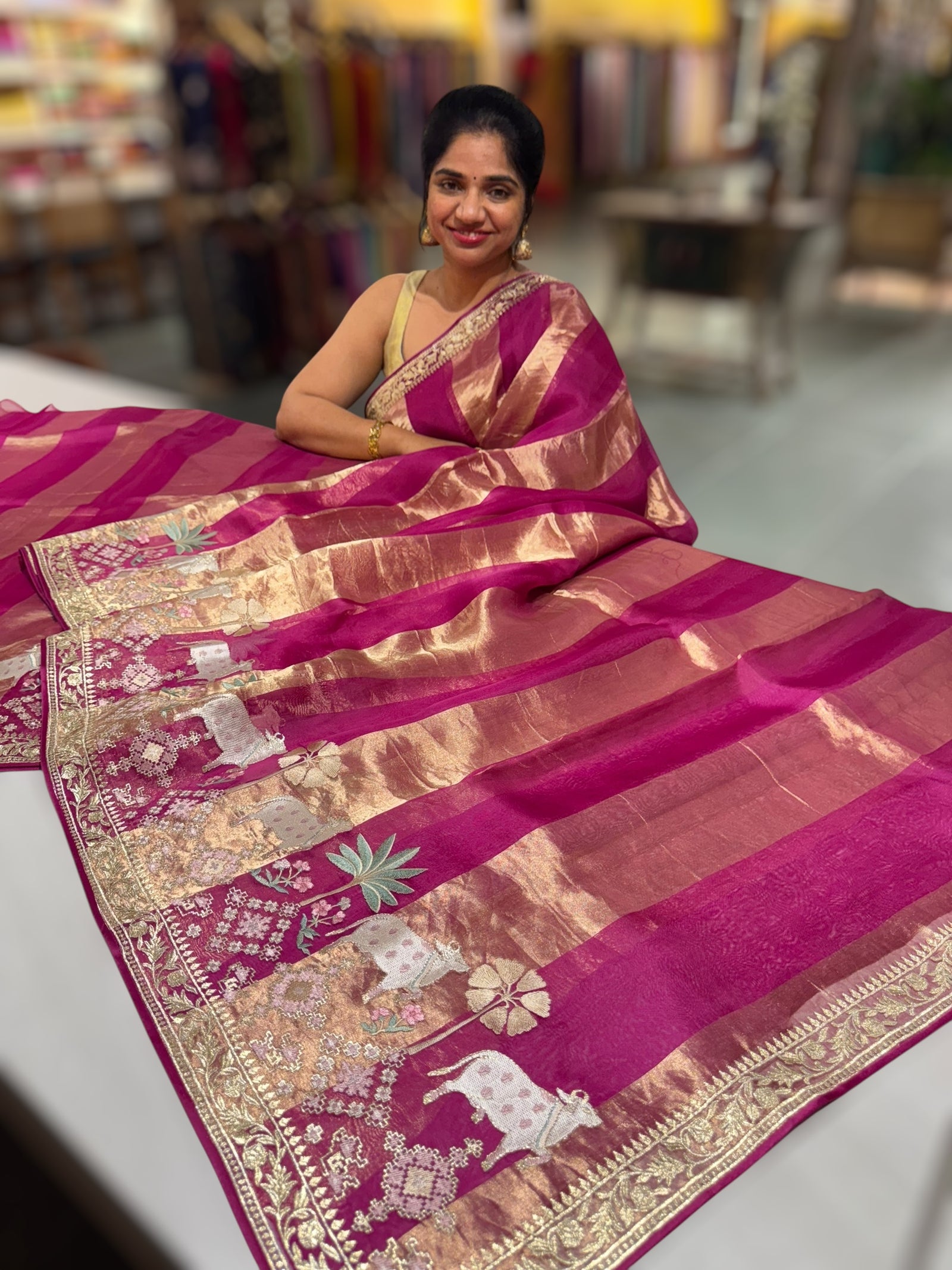Ruby Pink Kora Tissue Stripes Saree With Jamdani  & Pichwai embroidered Border