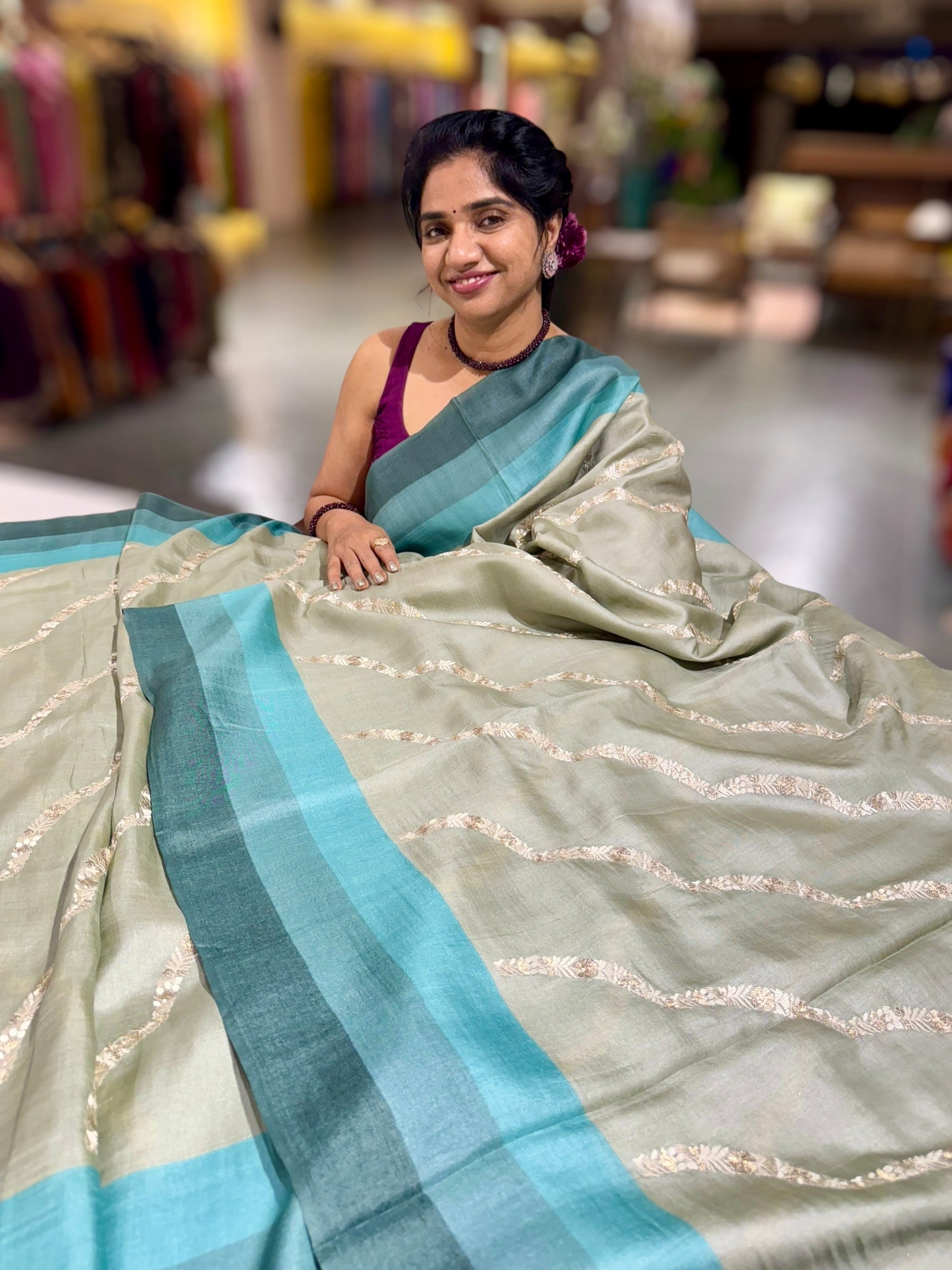 Sage Green  Embroidered Tussar Saree