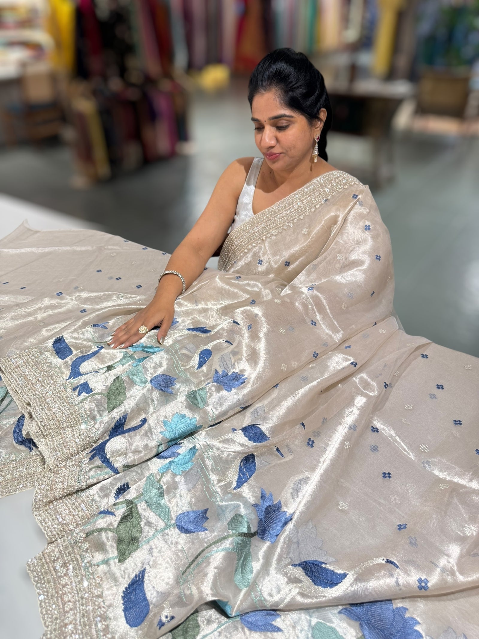 Silver Tissue Designer Saree with heavy handwork and embroidery