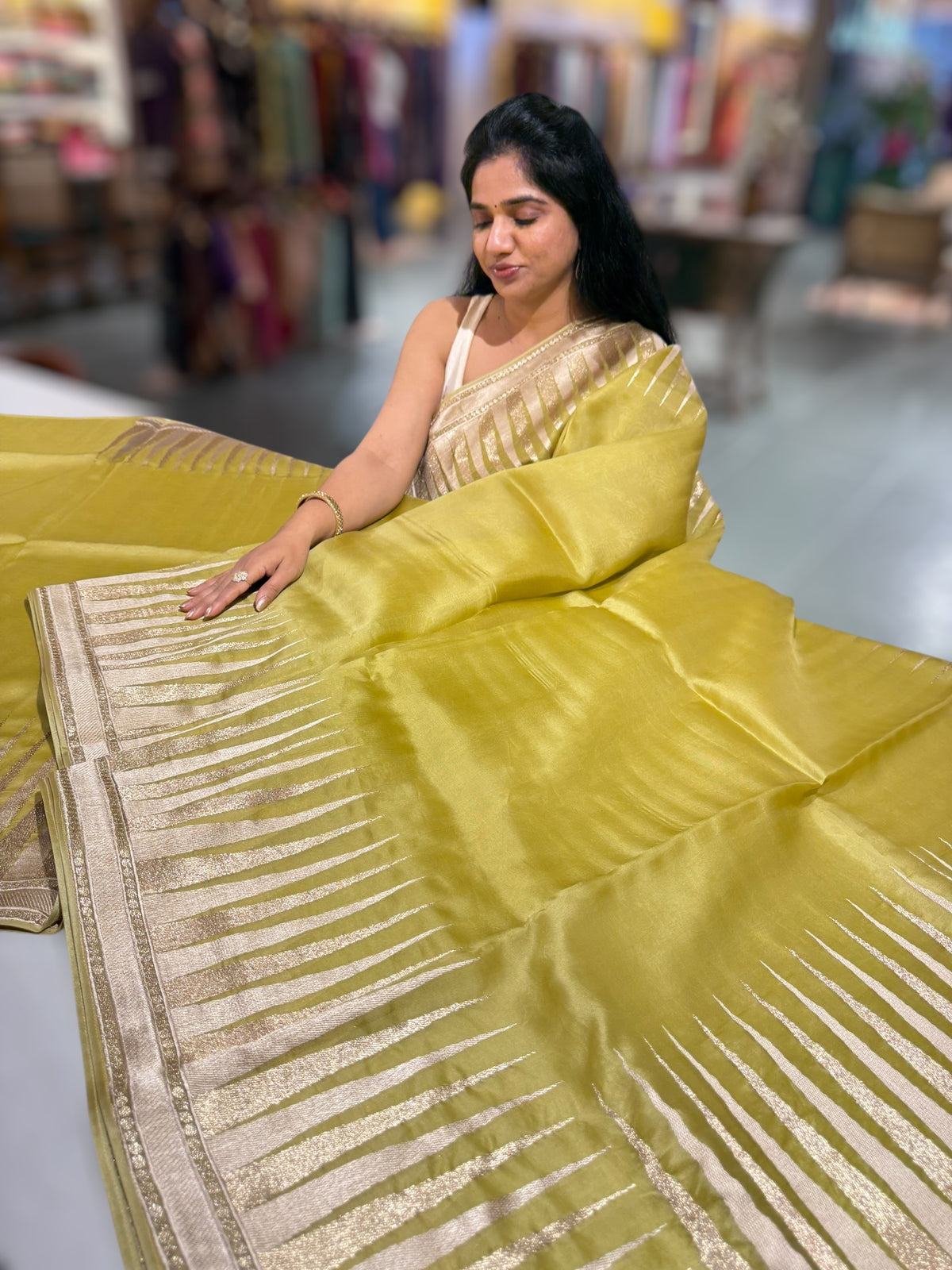 Lime Pure Organza With Temple Embroidered Border & Tussar Printed Blouse