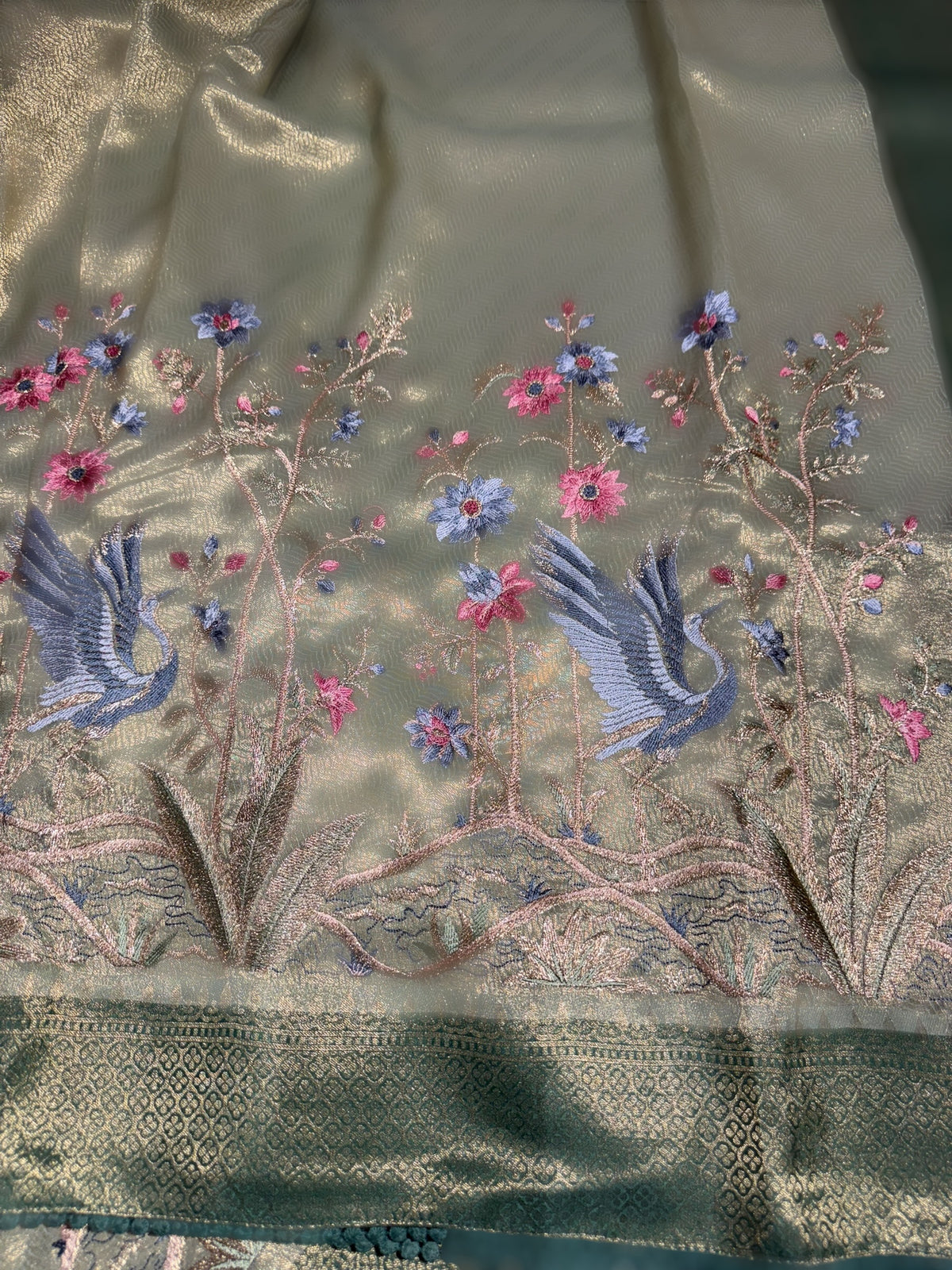 Sage Green Banarasi Tissue with embroidered border