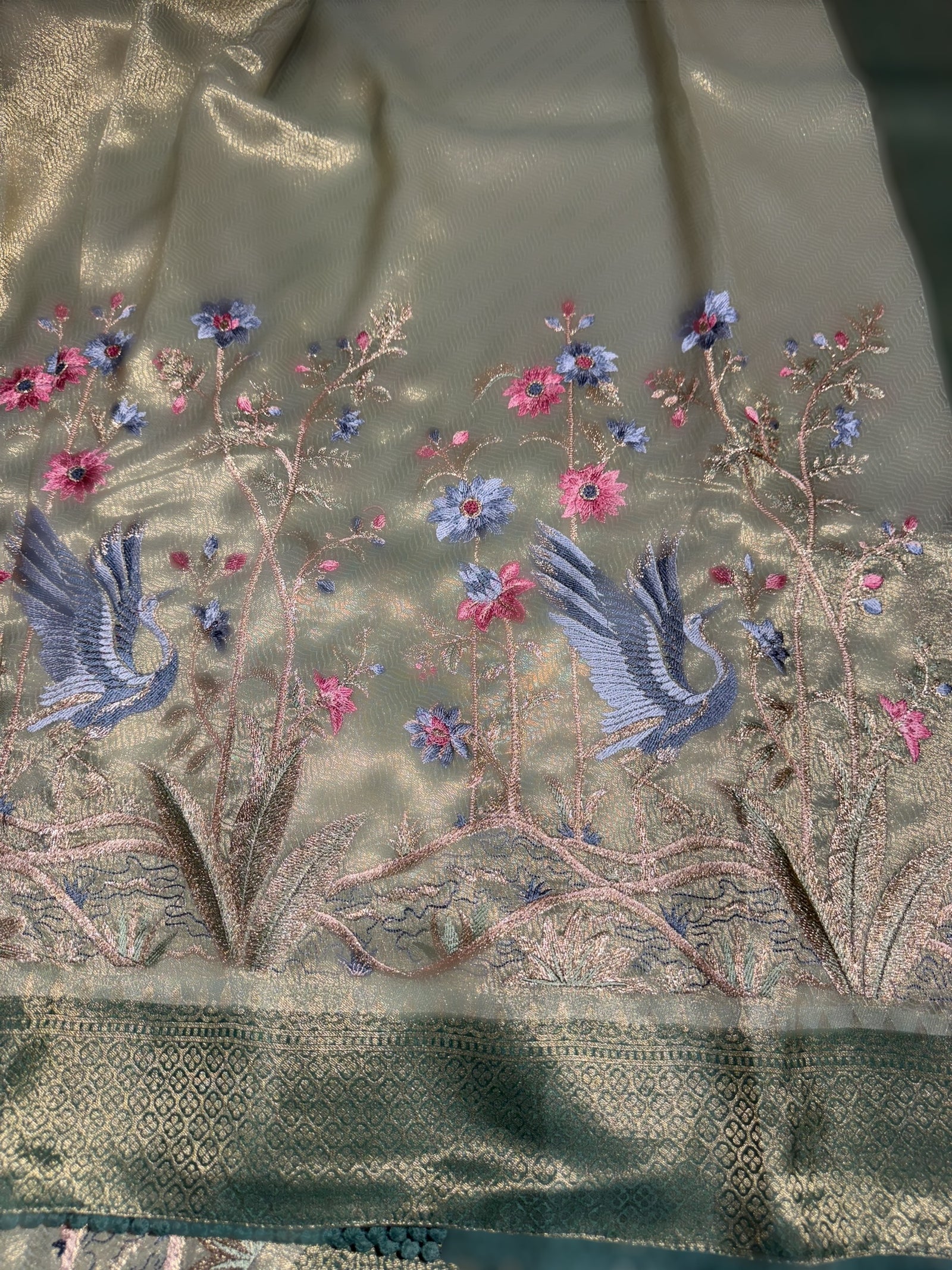 Sage Green Banarasi Tissue with embroidered border