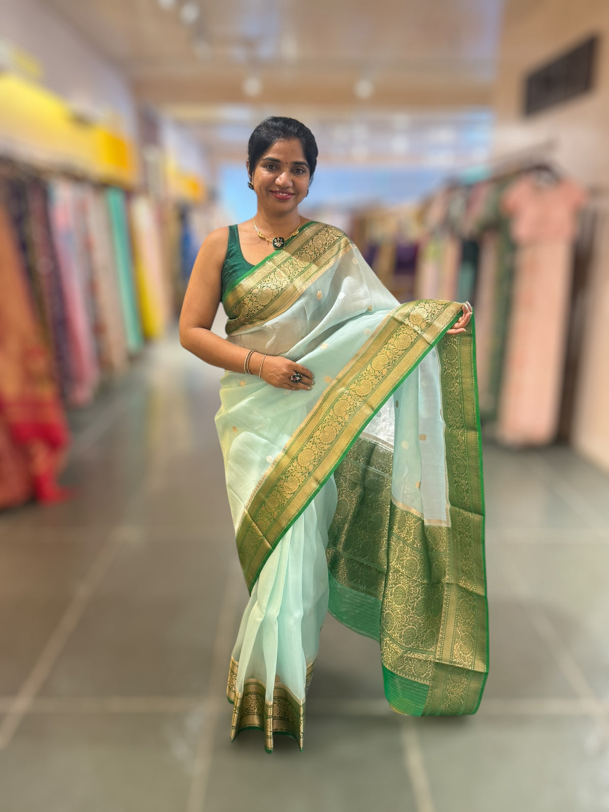 Pastel Blue & Emerald Green combo Pure Handloom premium Kora Banarasi Saree