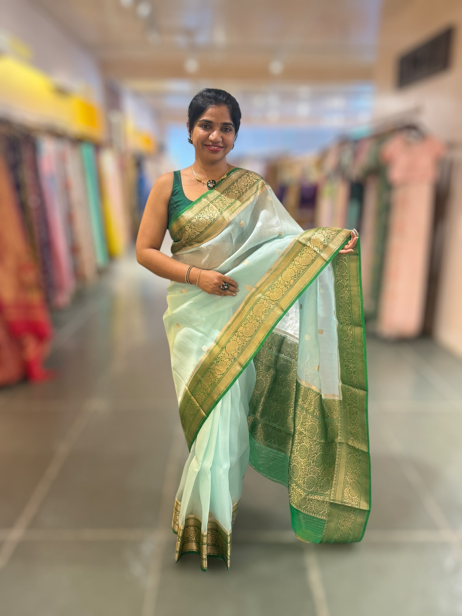 Pastel Blue & Emerald Green combo Pure Handloom premium Kora Banarasi Saree