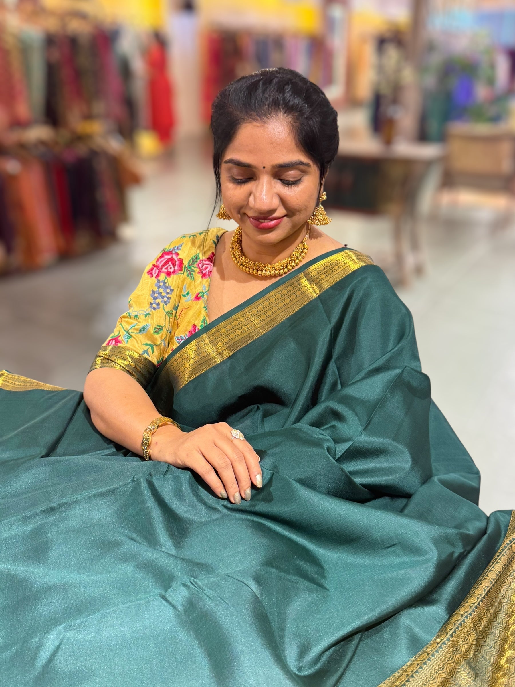 Bottle Green Kanchi Vintage Saree with Petite Point Embroidered Blouse
