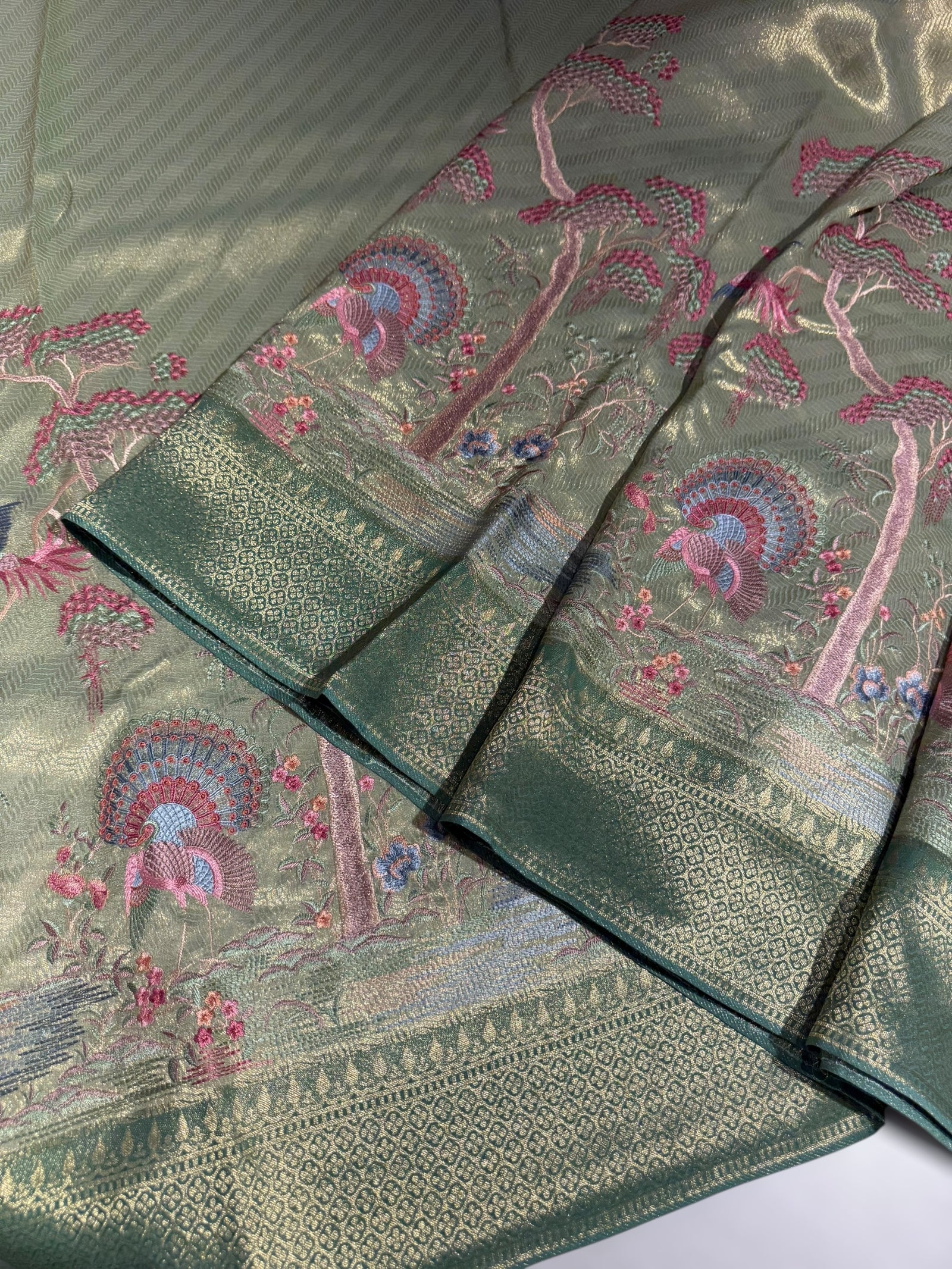 Mint Banarasi Tonchoi Brocade Saree with Parsi Gara style embroidery