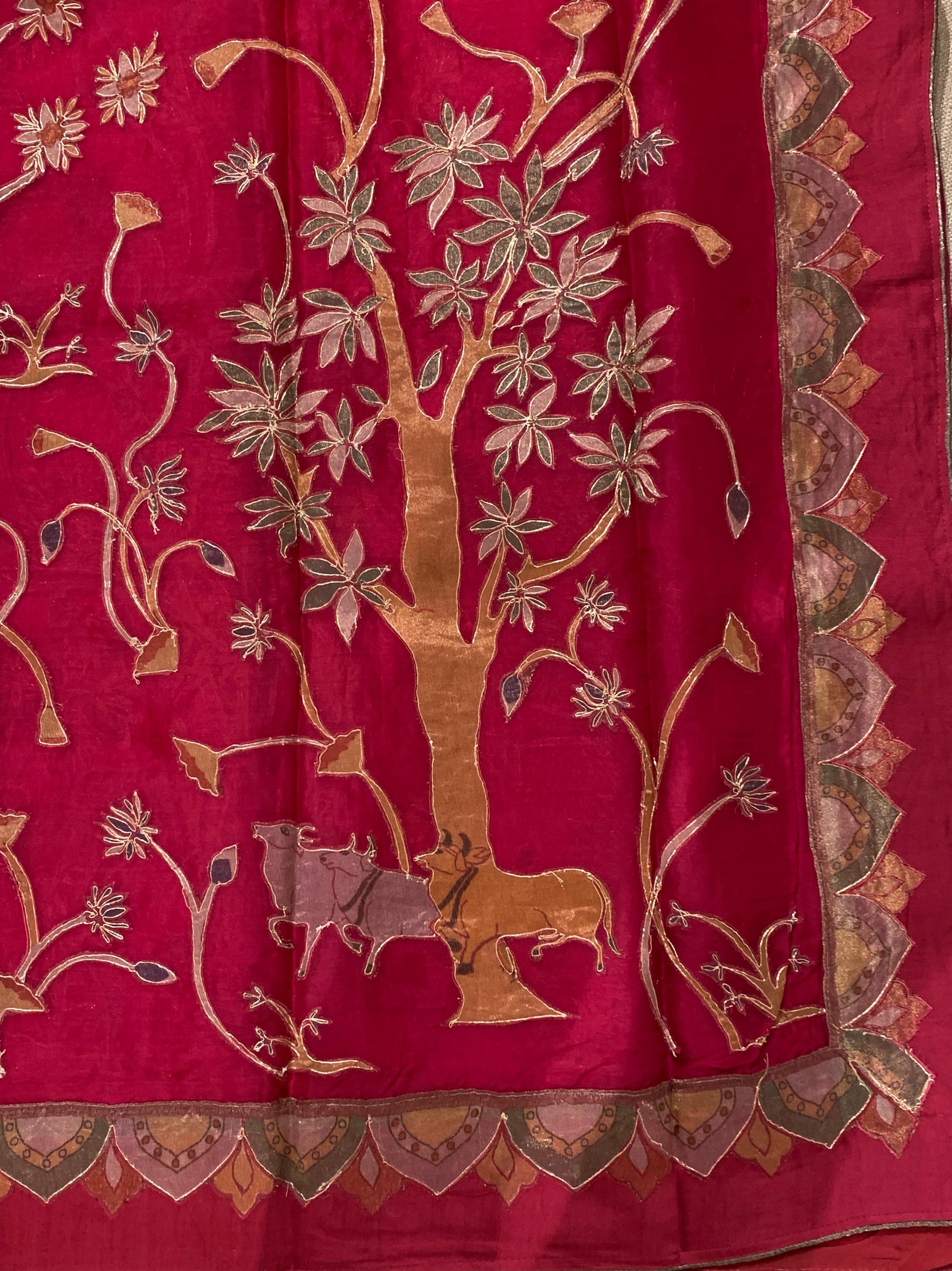 Ruby Pink Designer Organza Saree with Stunning Tissue Applique work Saree with Village theme