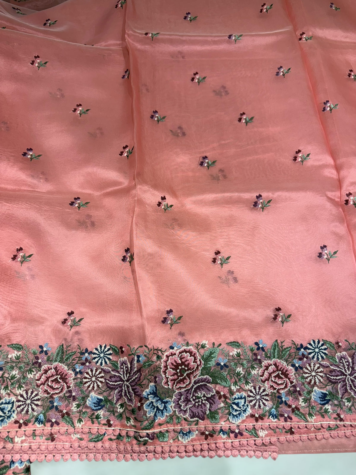 Coral Pink Pure Organza with Petite point border