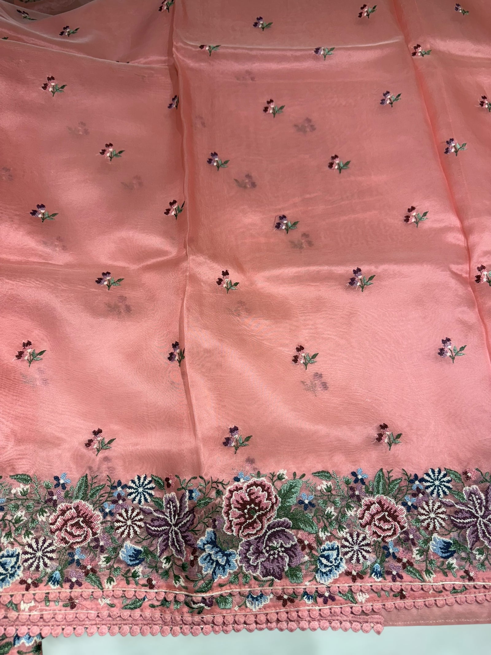 Coral Pink Pure Organza with Petite point border