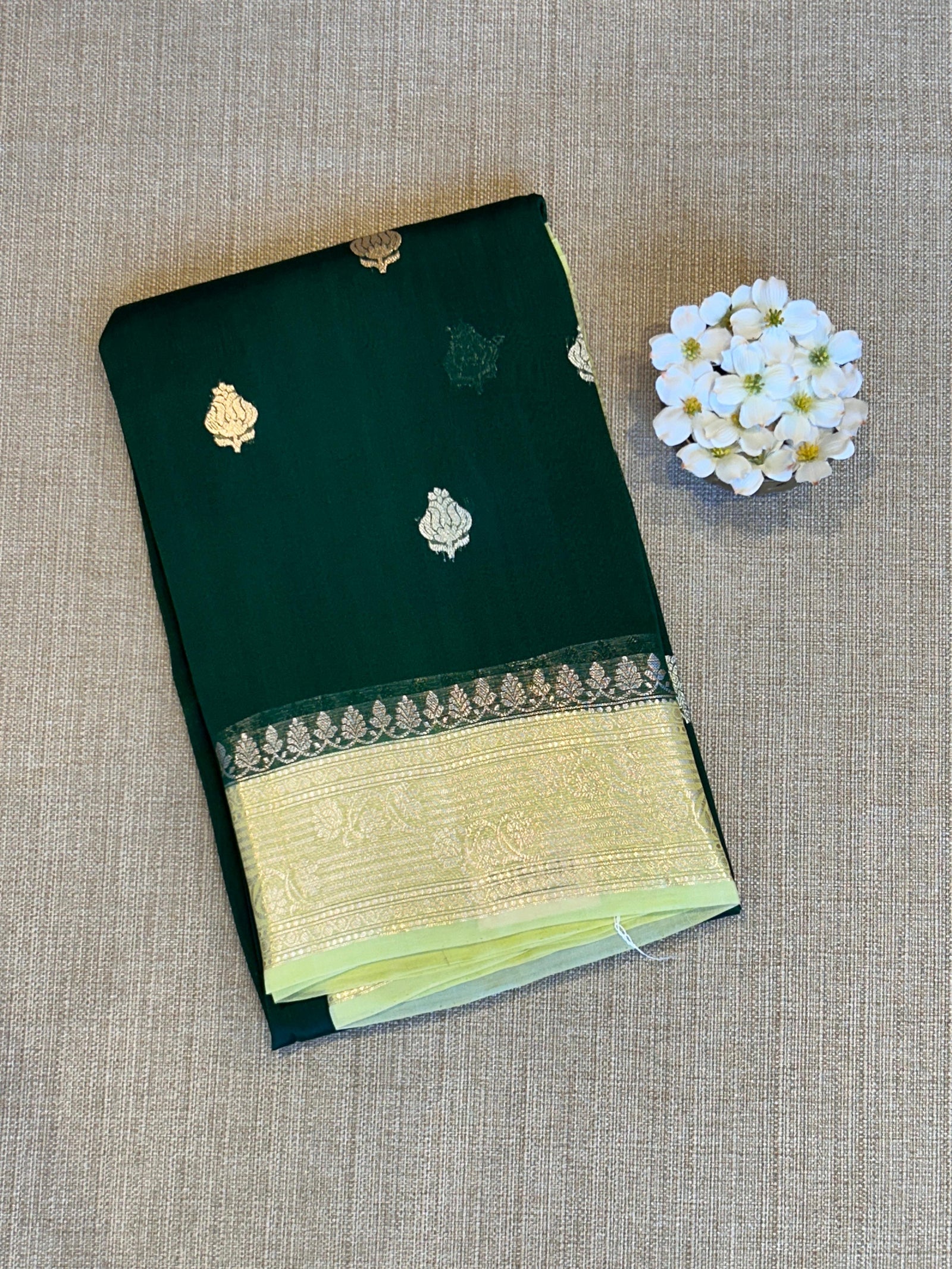 Bottle Green & apple green Combo Pure Handloom premium Kora Banarasi Saree
