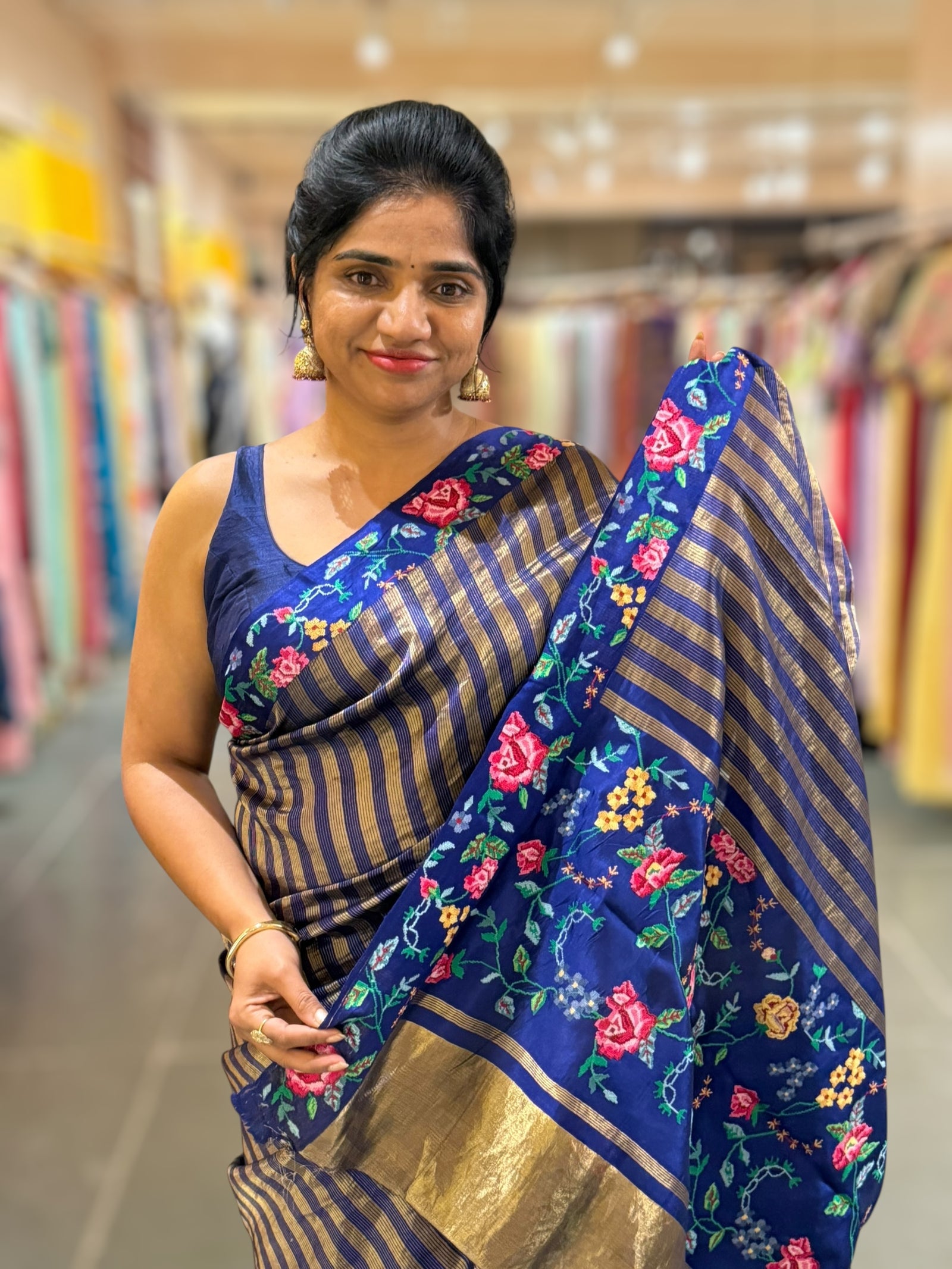 Blue Banarasi Tissue stripes Saree with petite point embroidery