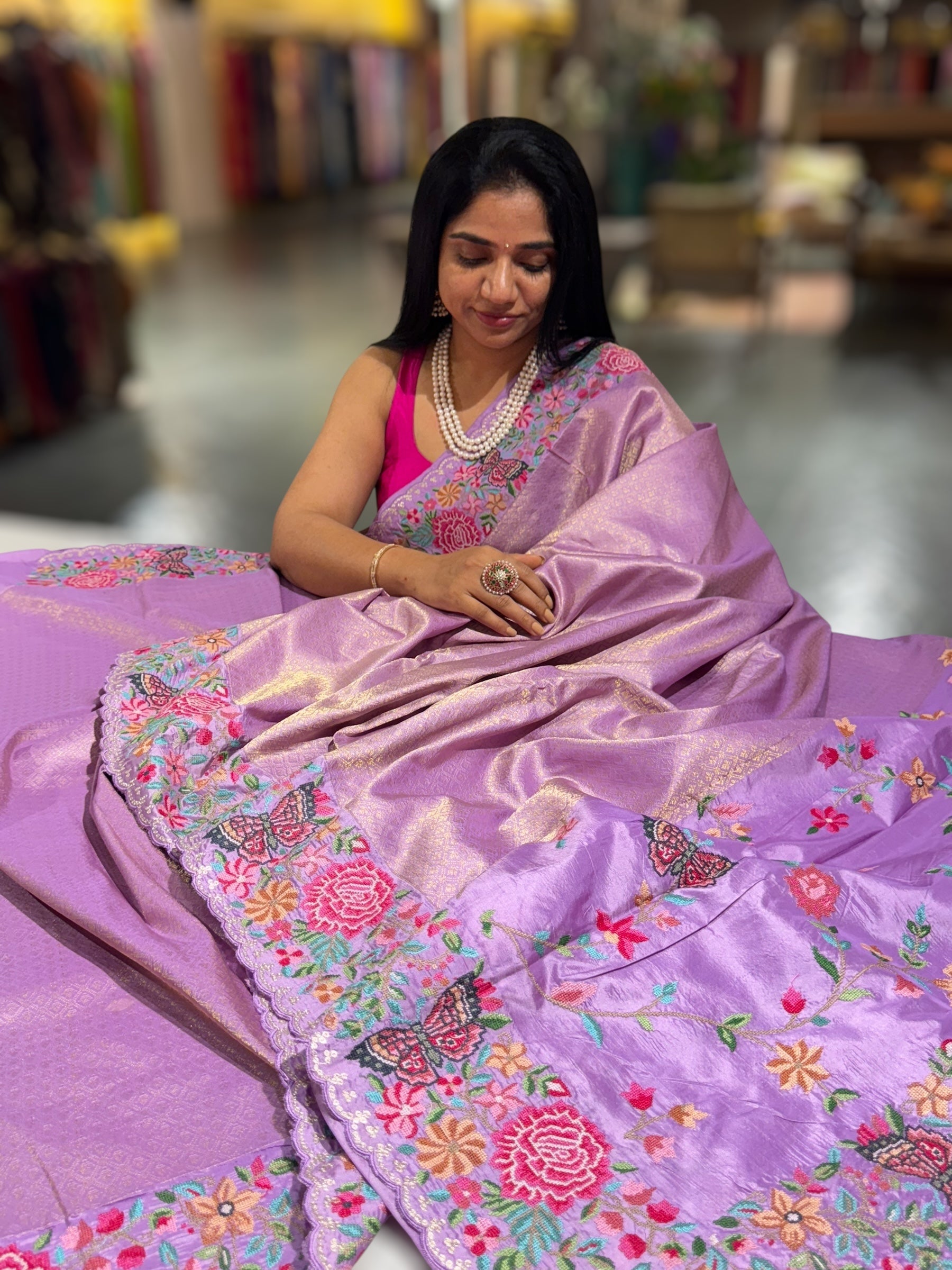 Lilac Kanjeevaram Brocade Saree with Petite Point Embroidered Border