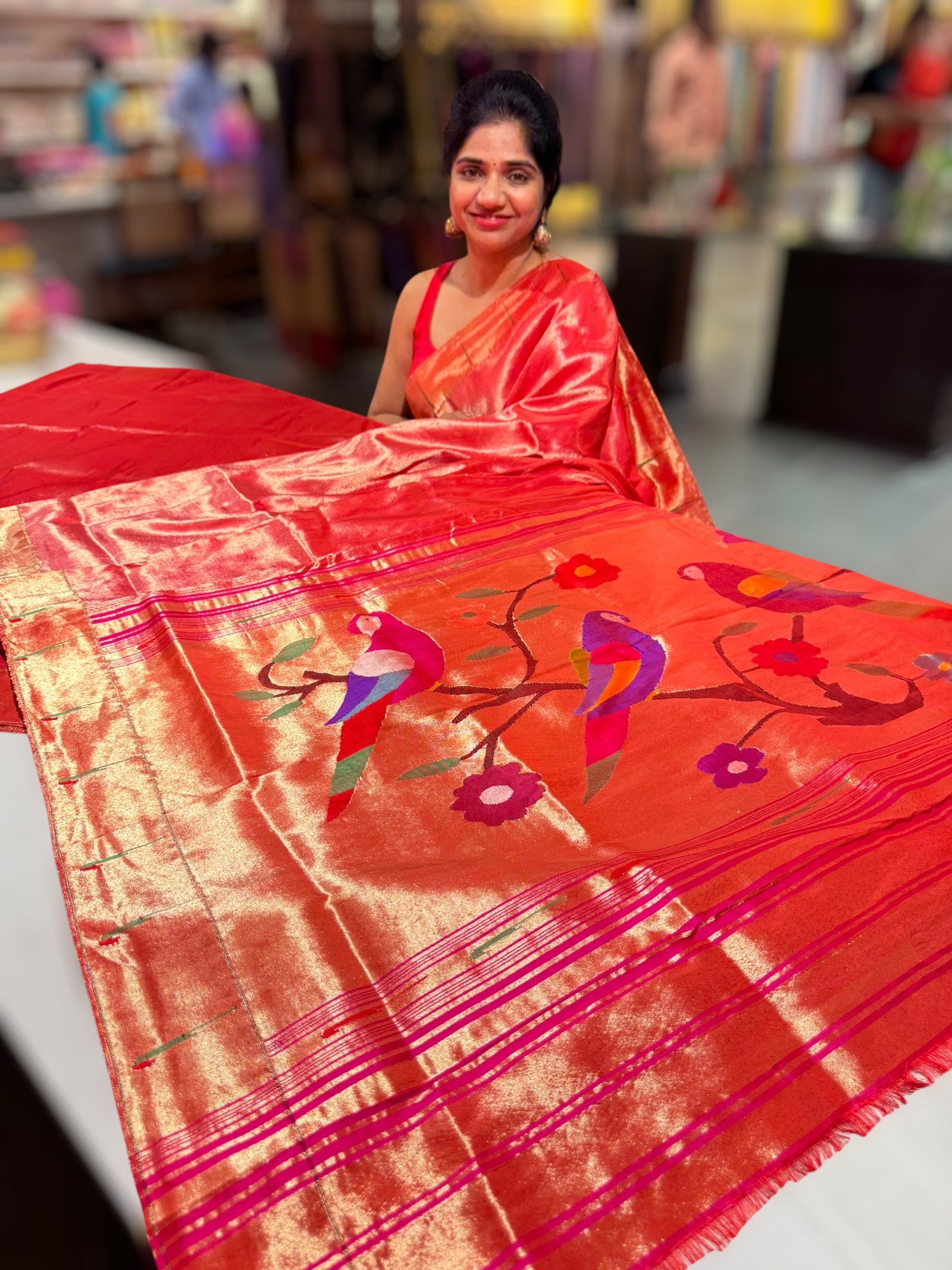 Rani Pink Pure handloom paithani tissue stripes saree