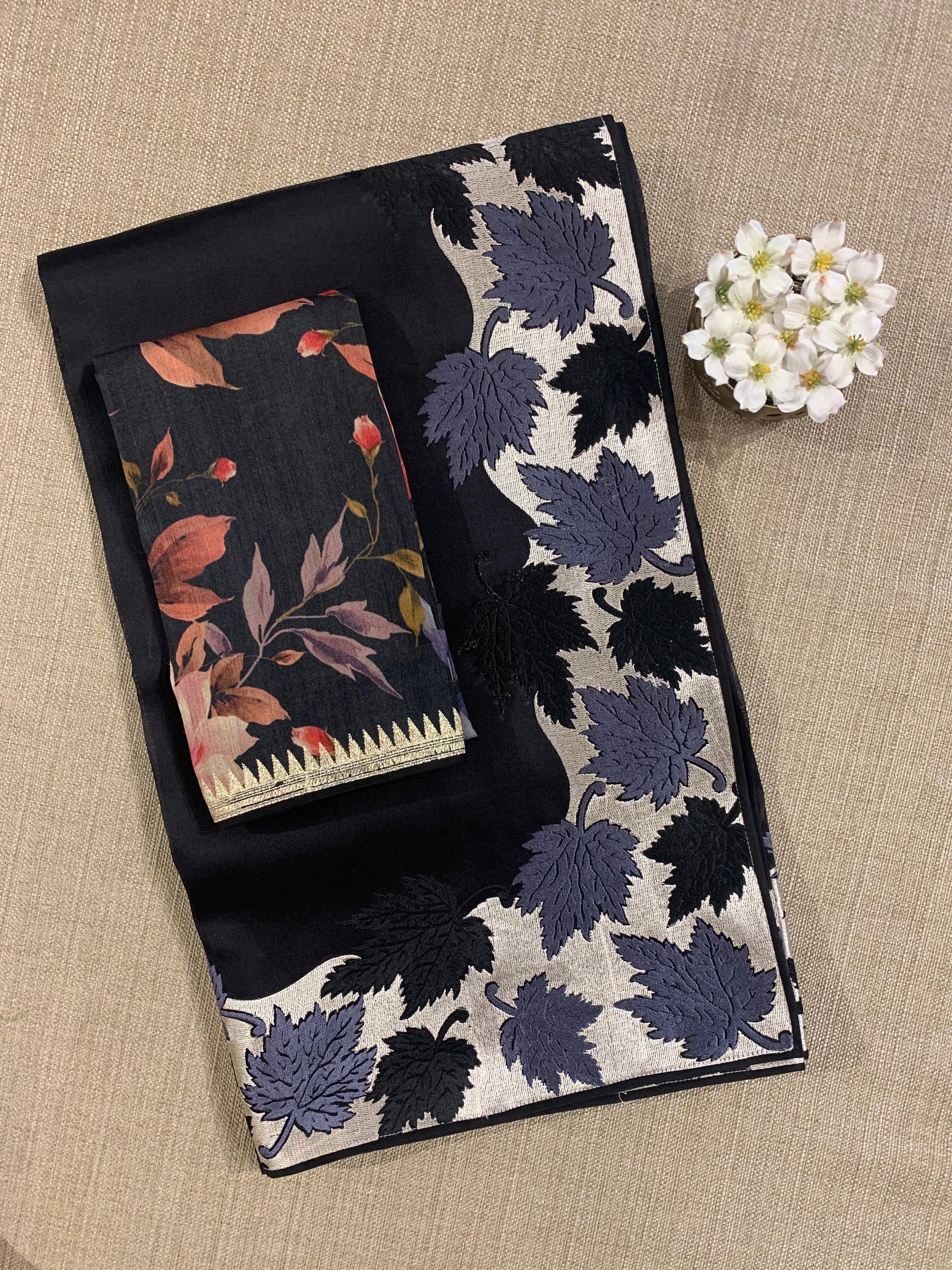 Black Organza Saree with Stunning Leaf Embroidered Border