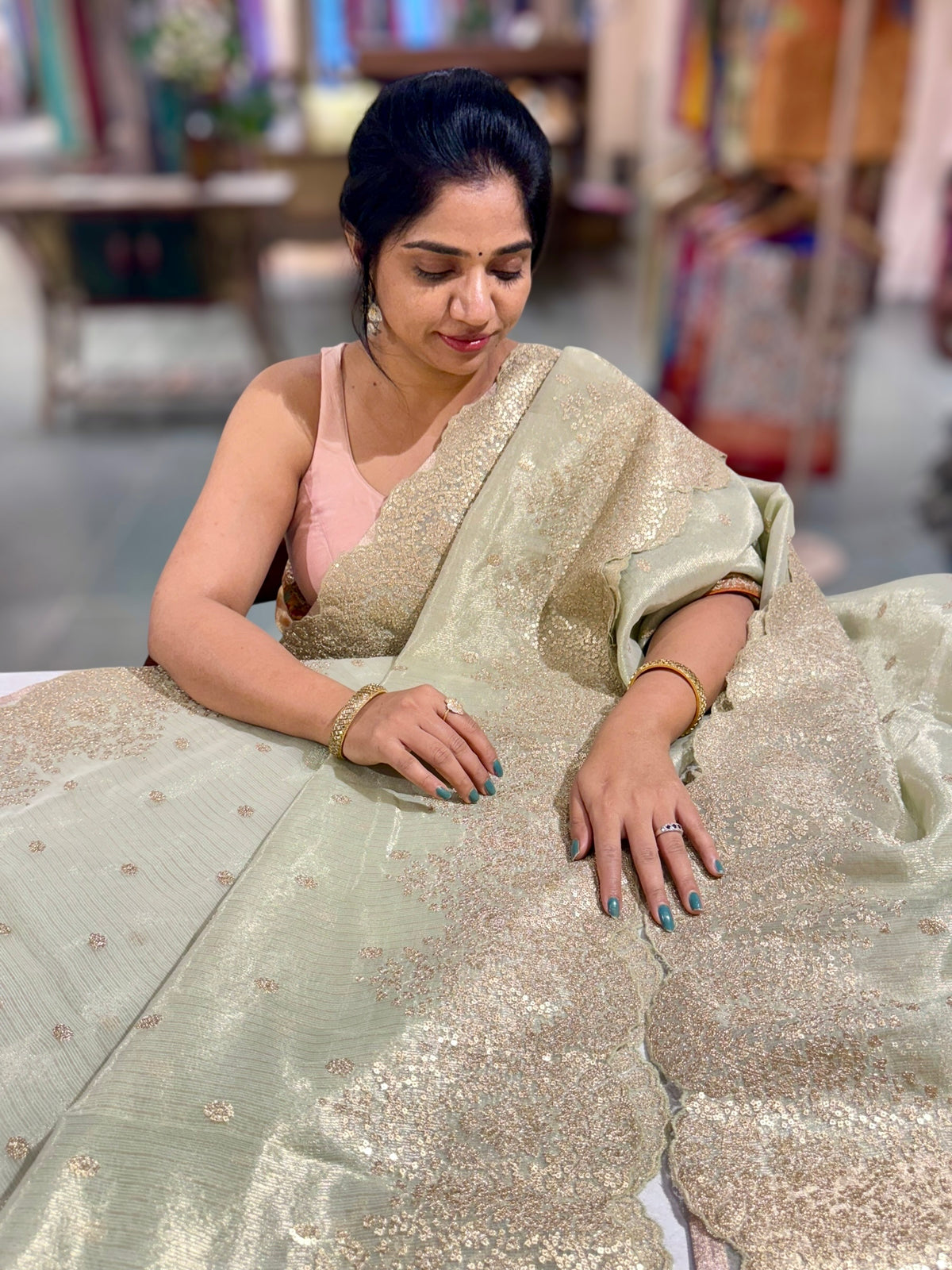 Mint Green Tissue Saree with Heavy Sequence Embroidered Scallop Border