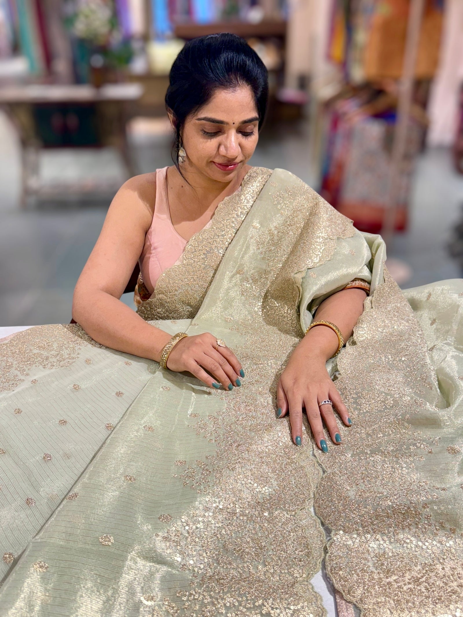 Mint Green Tissue Saree with Heavy Sequence Embroidered Scallop Border