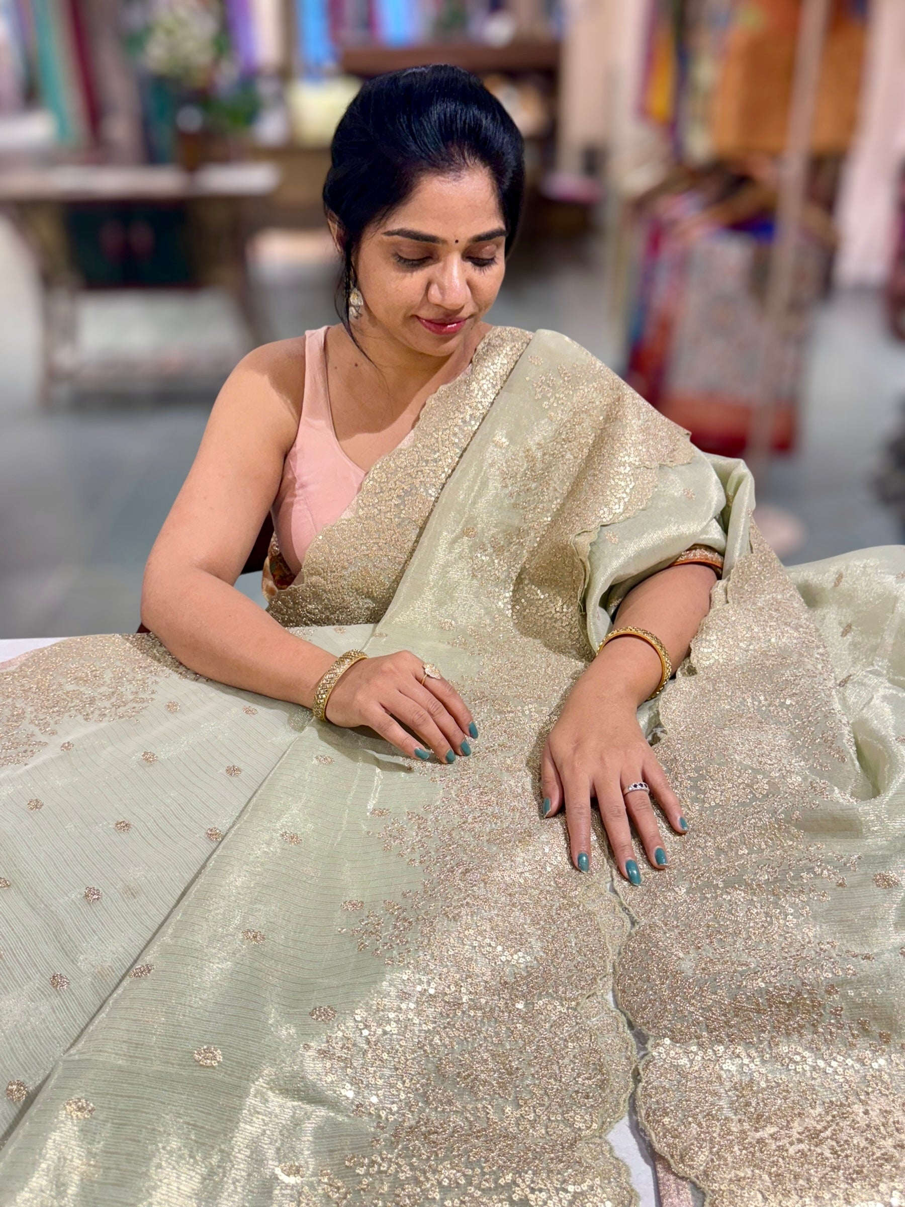 Mint Green Tissue Saree with Heavy Sequence Embroidered Scallop Border
