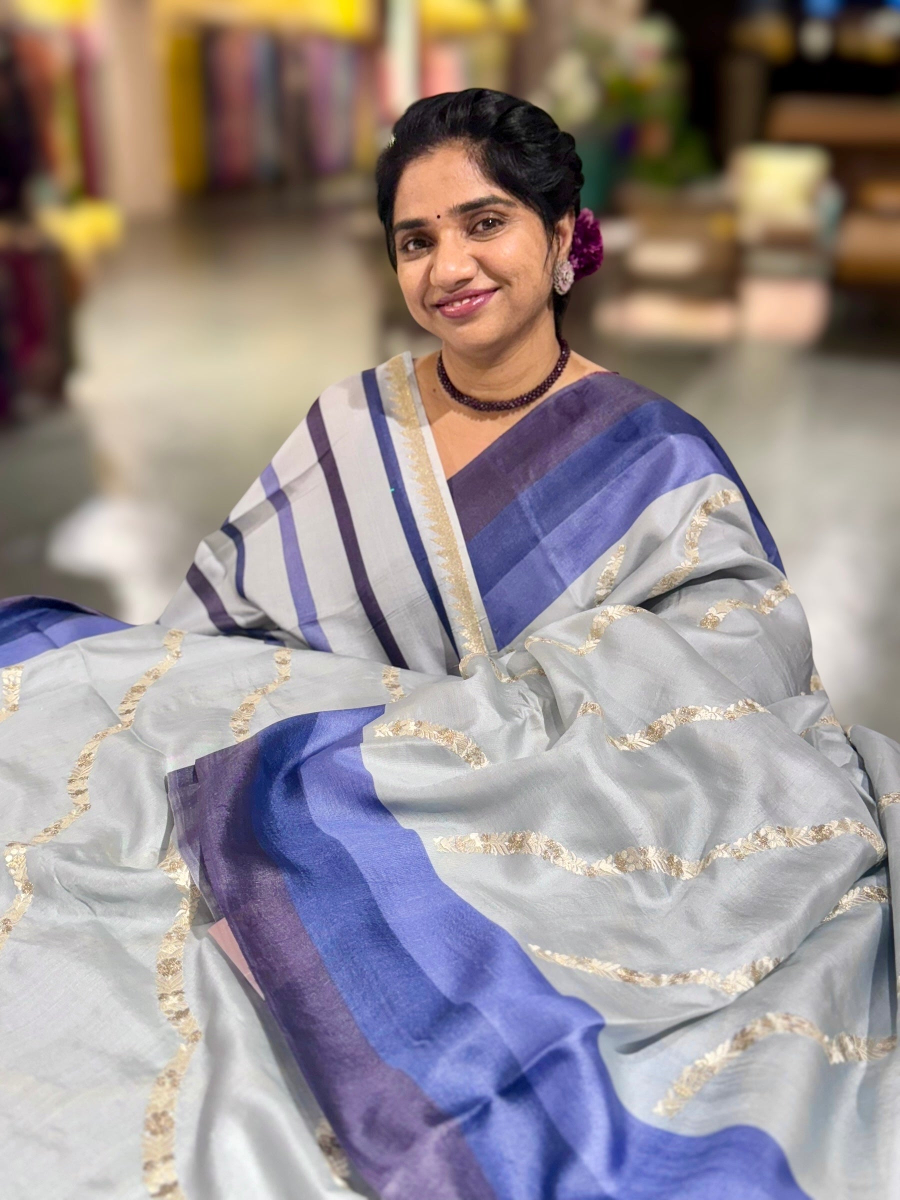 Powder Blue Embroidered Tussar Saree