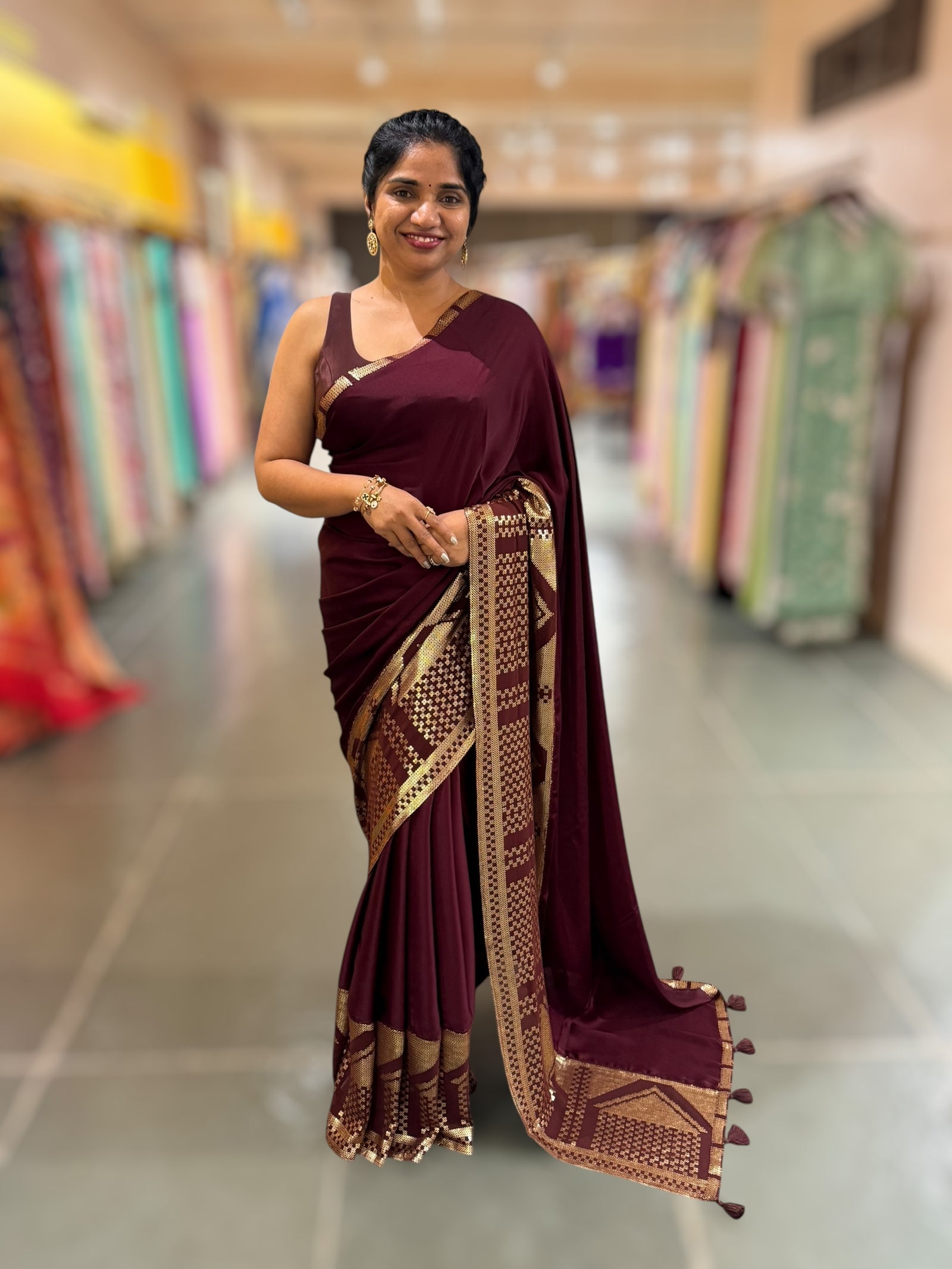 Burgundy Pure Satin Saree with designer sequence border and blouse