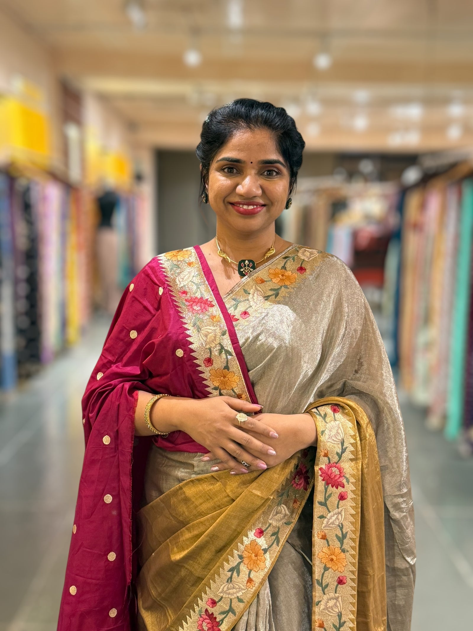 Handloom Tissue Saree with Paithani inspired embroidered border.