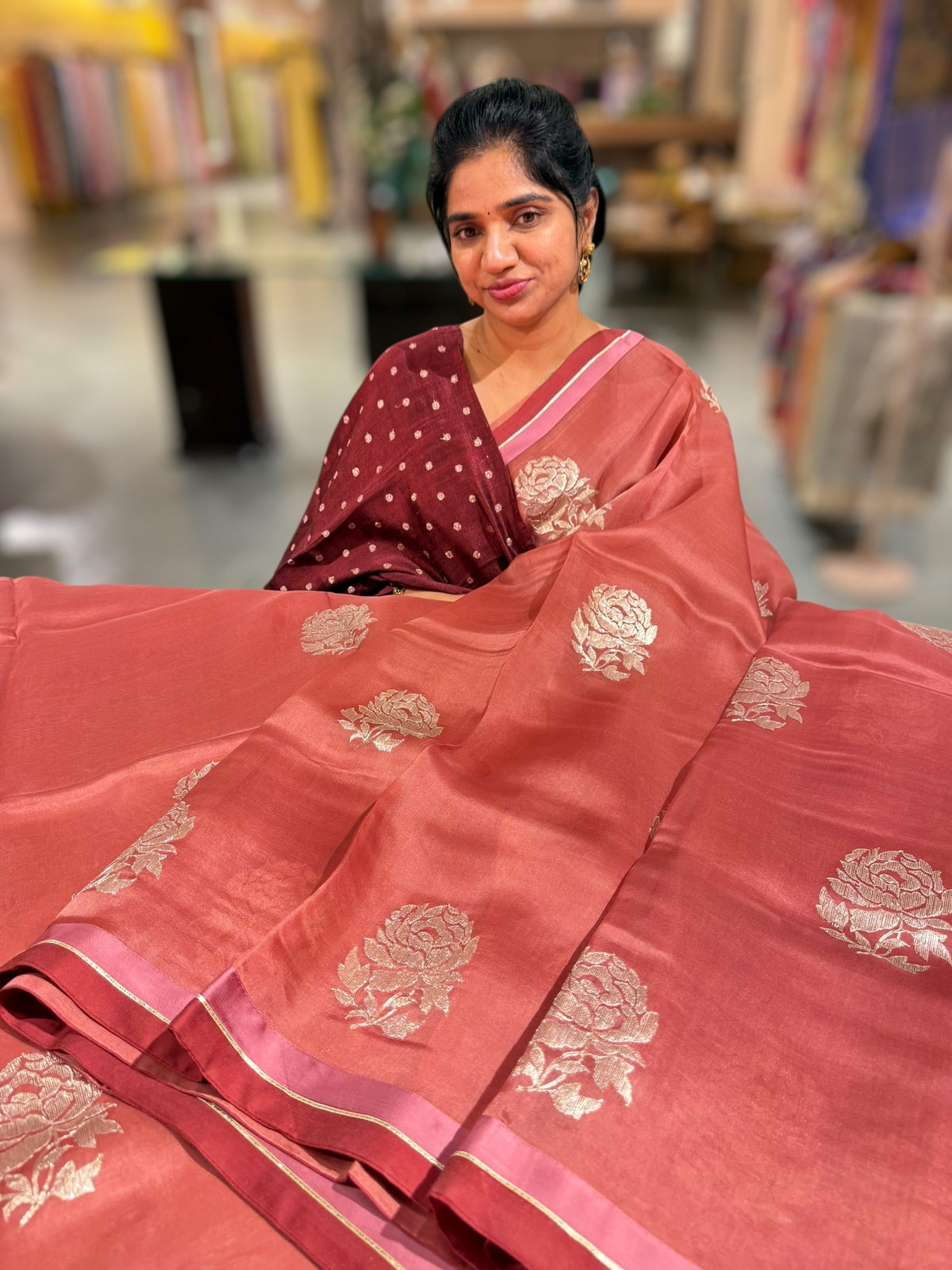 Terracota Color Pure Organza with embroidery