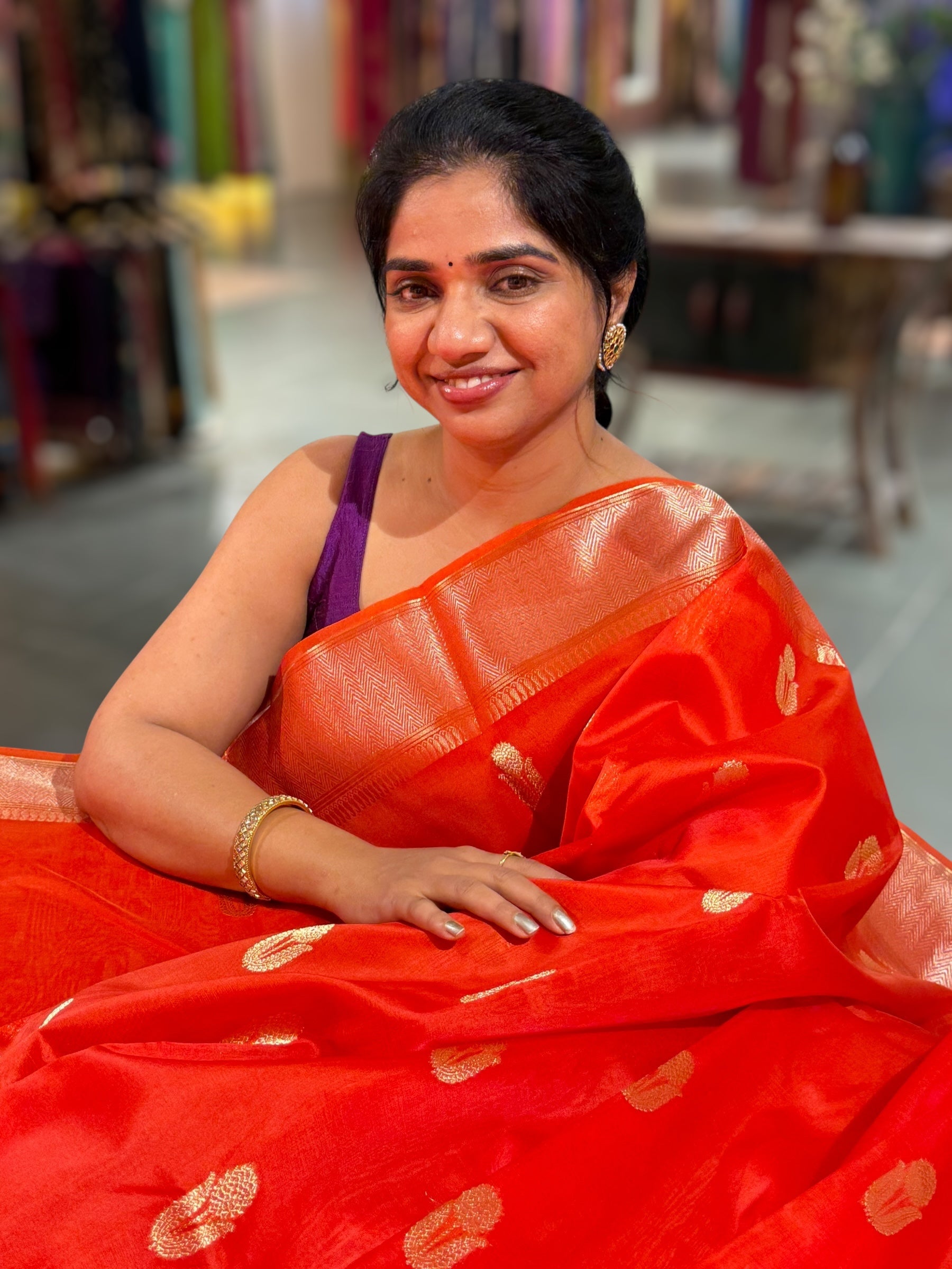 Dark Orange Premium Kora Banarasi Saree with heavy weaving borders and Raw mango style motifs