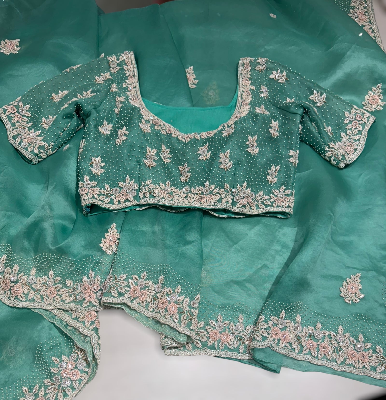 Sea Organza heavy handwork saree with ready to wear blouse