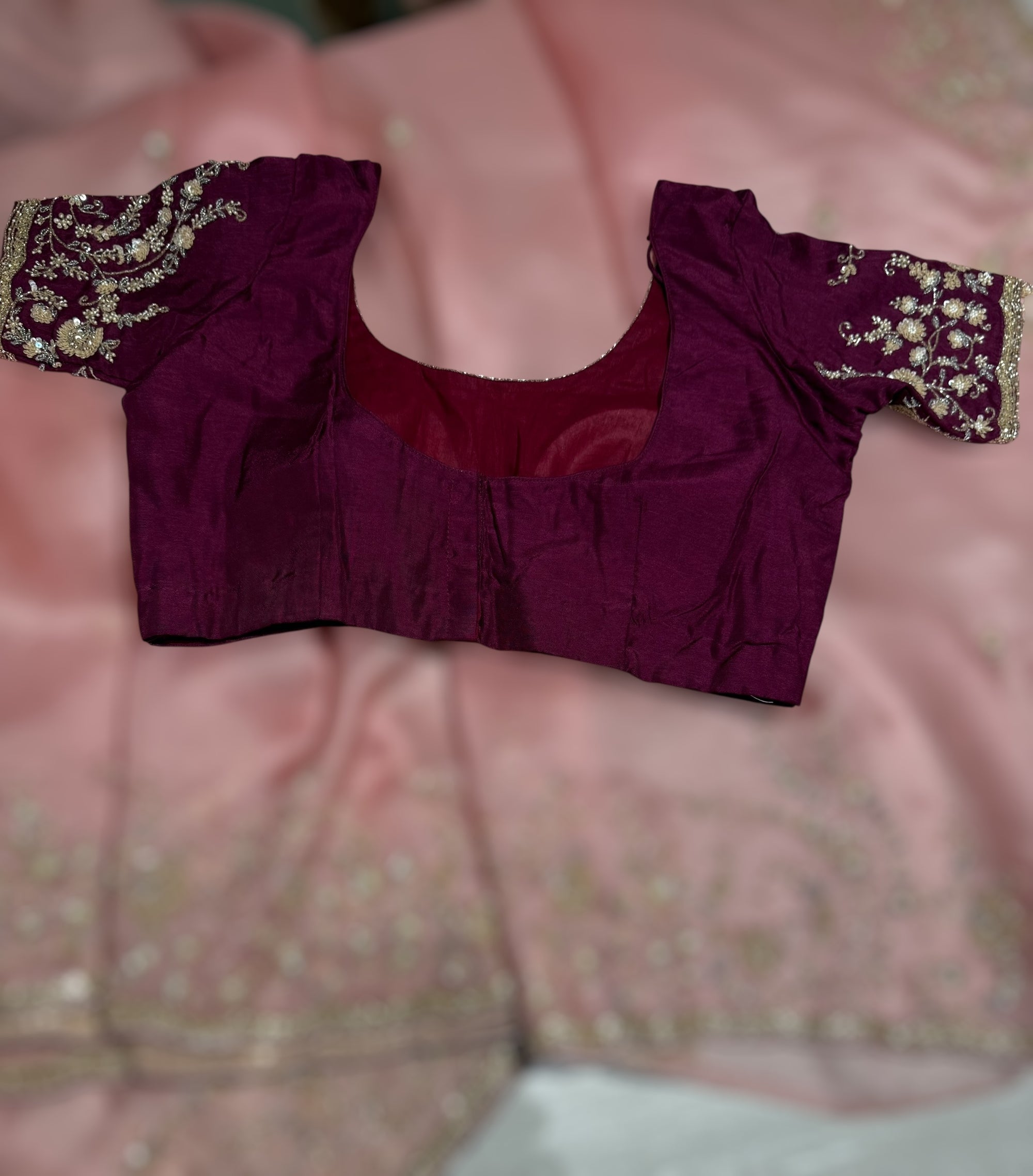 Blush Pink Organza heavy handwork saree with ready to wear blouse