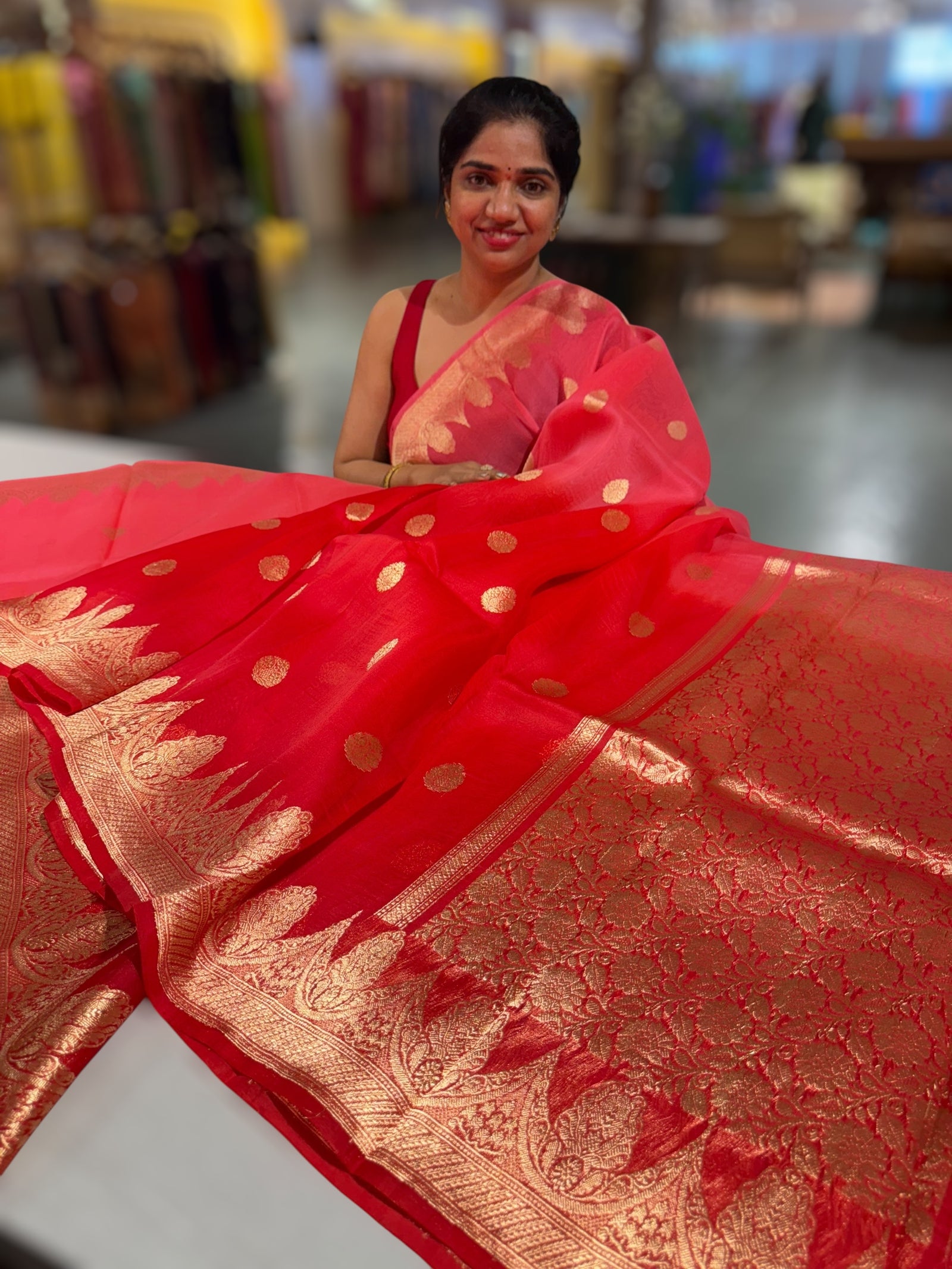 Peach and Red Shaded Premium Kora Banarasi Saree with Open Borders