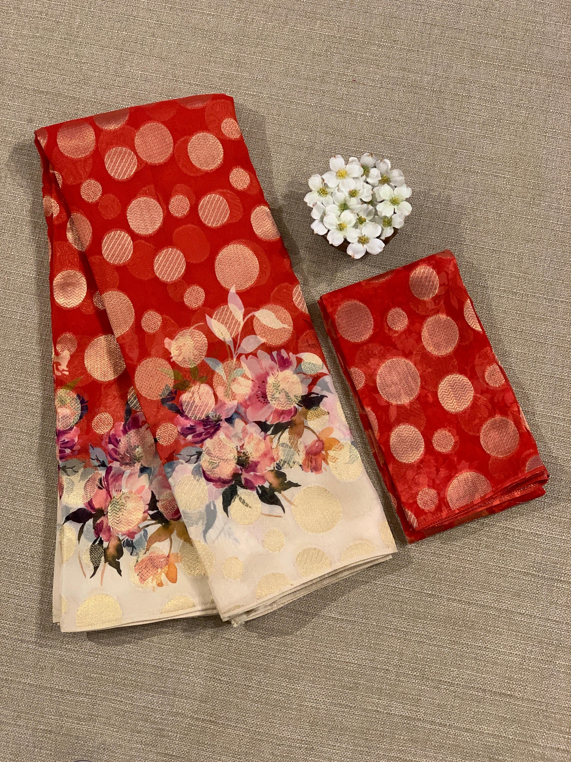 Orangish Red Banarasi Kora Gorgette Polka dot Printed Saree