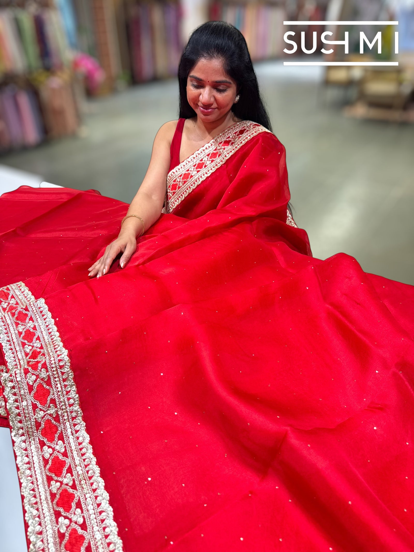 Chilli Red pure Organza with sabhya borders : S62F145