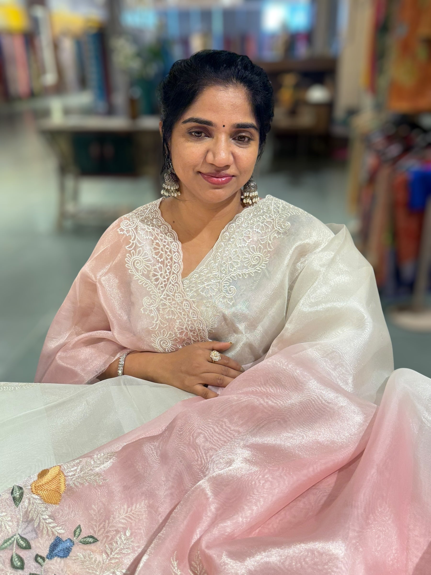 Pastel Pink & Silver Ombre dyed Tissue Saree with Cutwork embroidered Borders