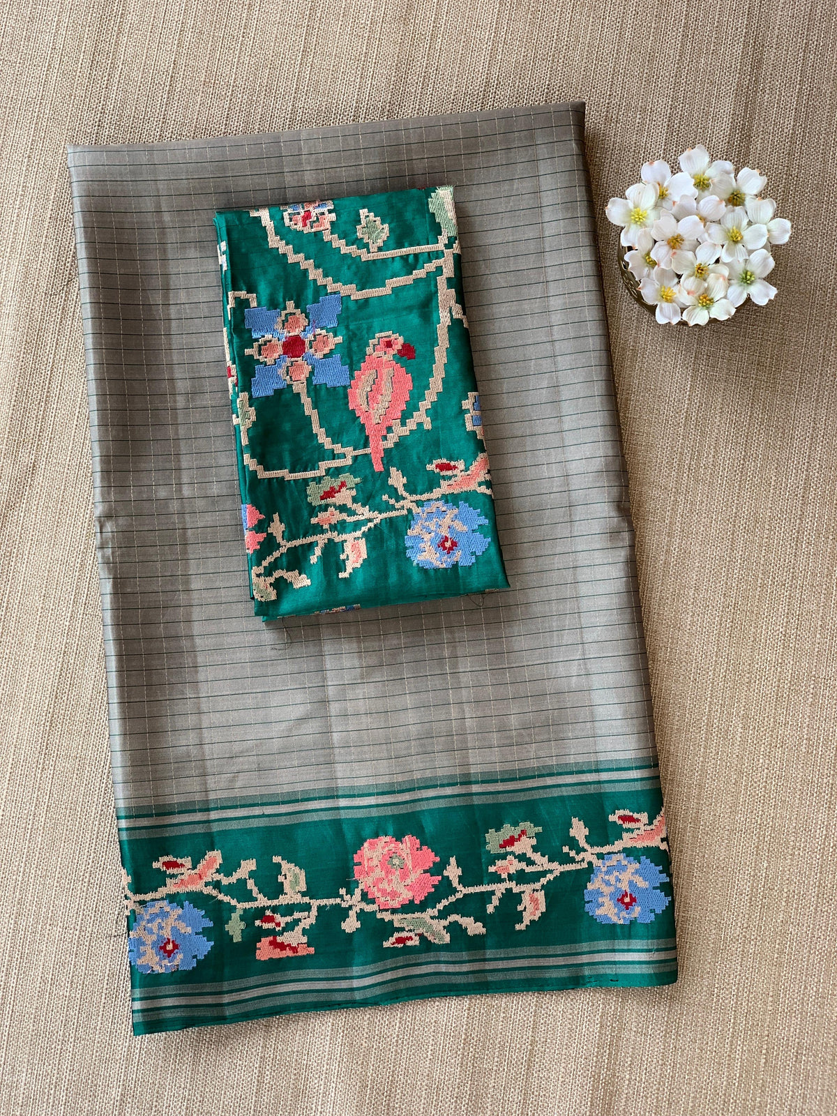 Dusty Grey & Teal Vintage Kanchi soft silk saree with embroidery