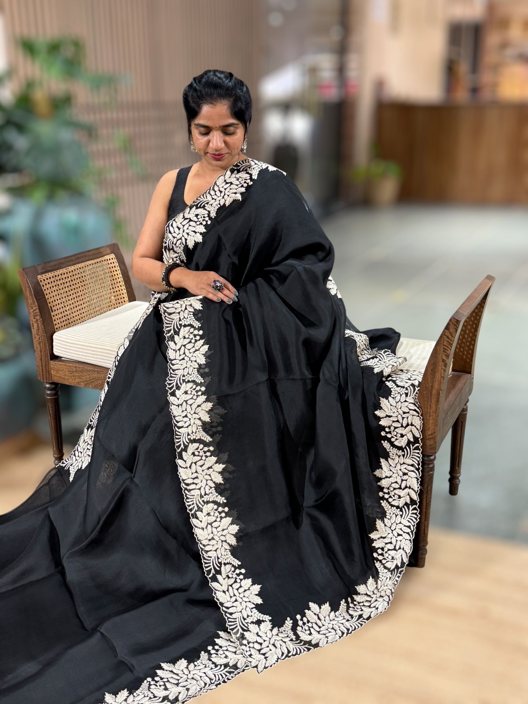 Black Organza Saree With Resham Embroidery Border