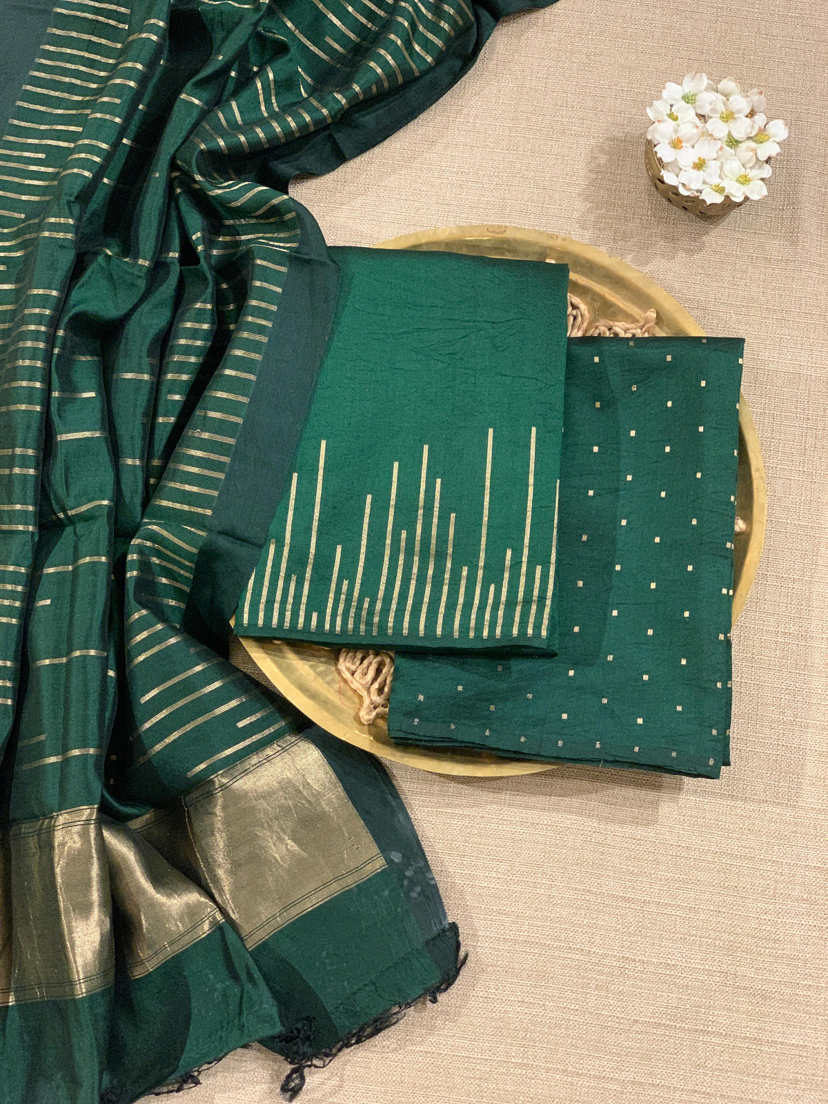 Bottle Green Banarasi Handloom Chiniya Silk 3-pc Suit Set