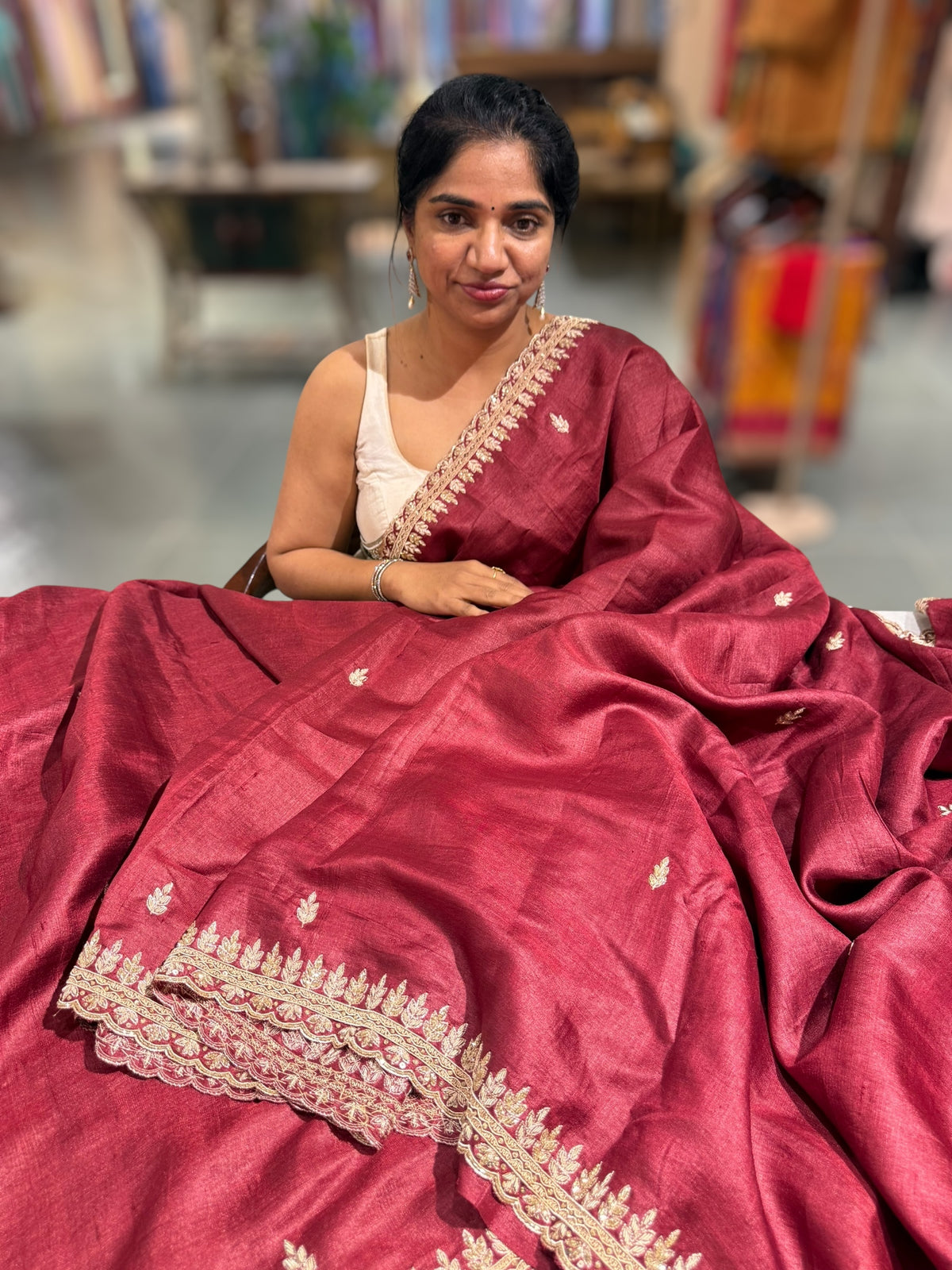 Maroon Pure Tussar Handwork Saree