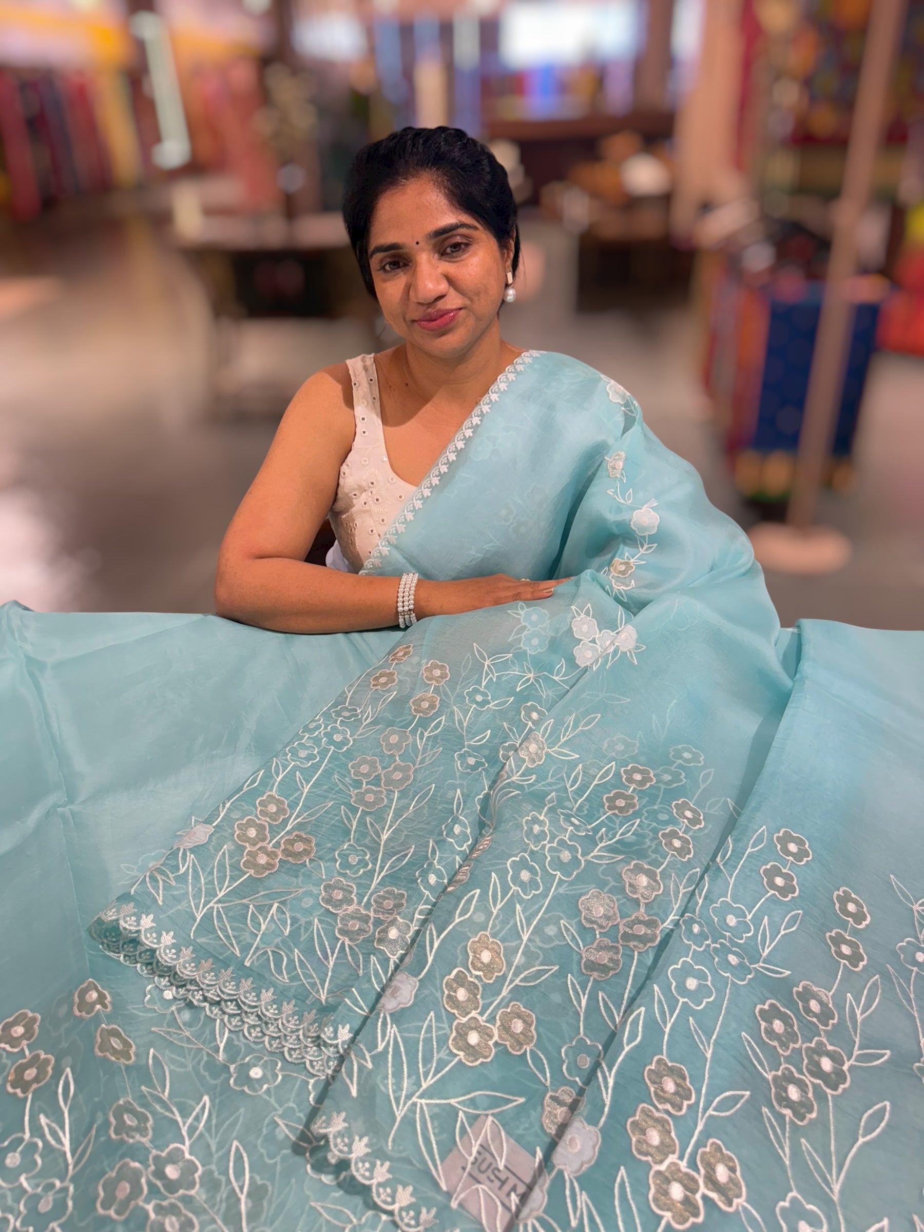 Seablue Organza Saree With Tissue Applique Work