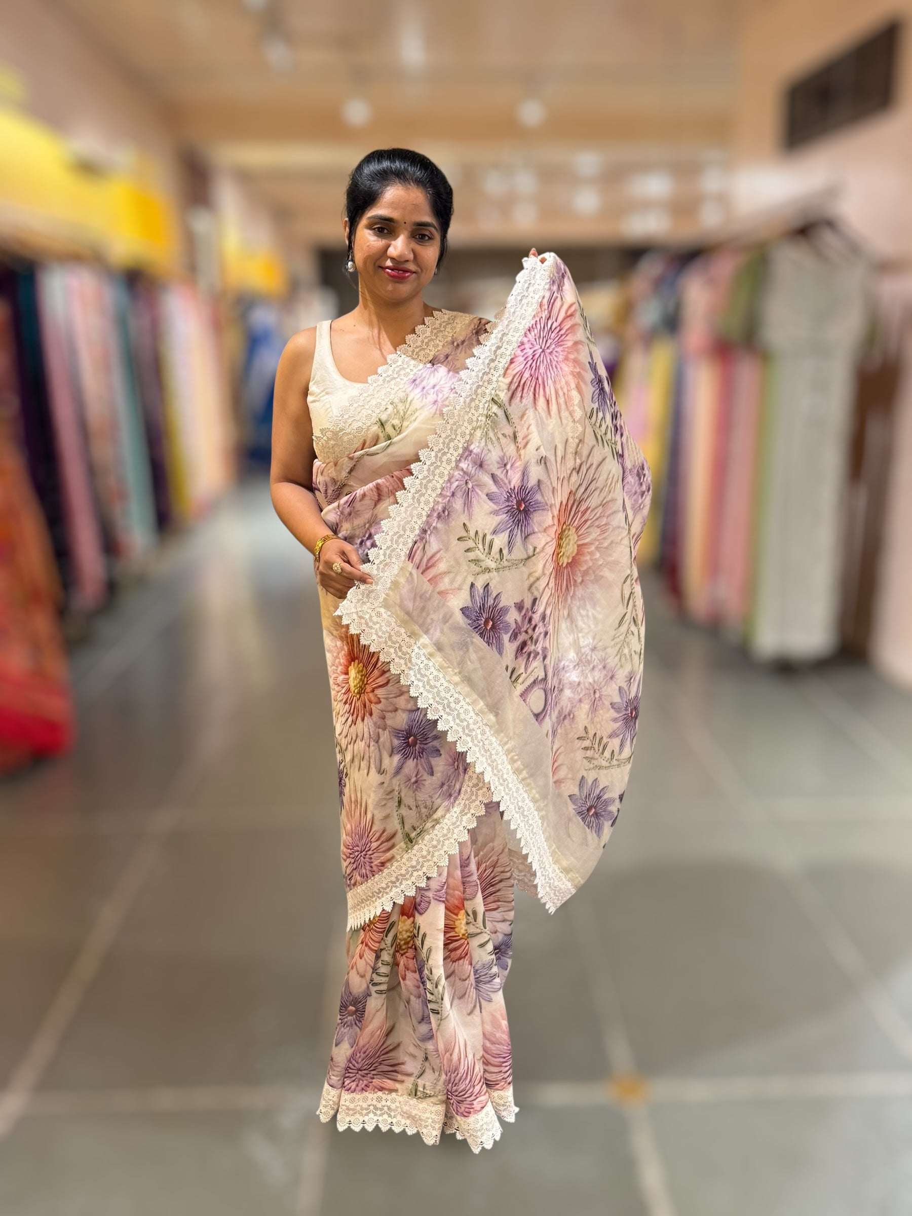 Ivory Organza 3D floral Printed Saree hemlined with crotia lace