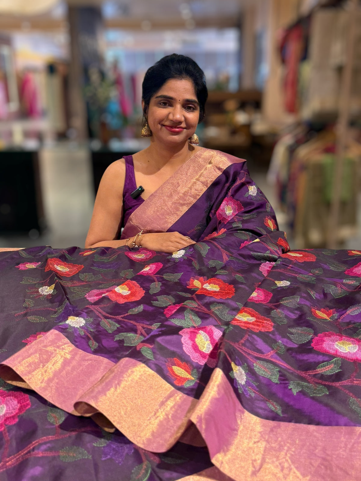Brinjal Kanchi Soft Silk Saree with allover jamdani inspired embroidery