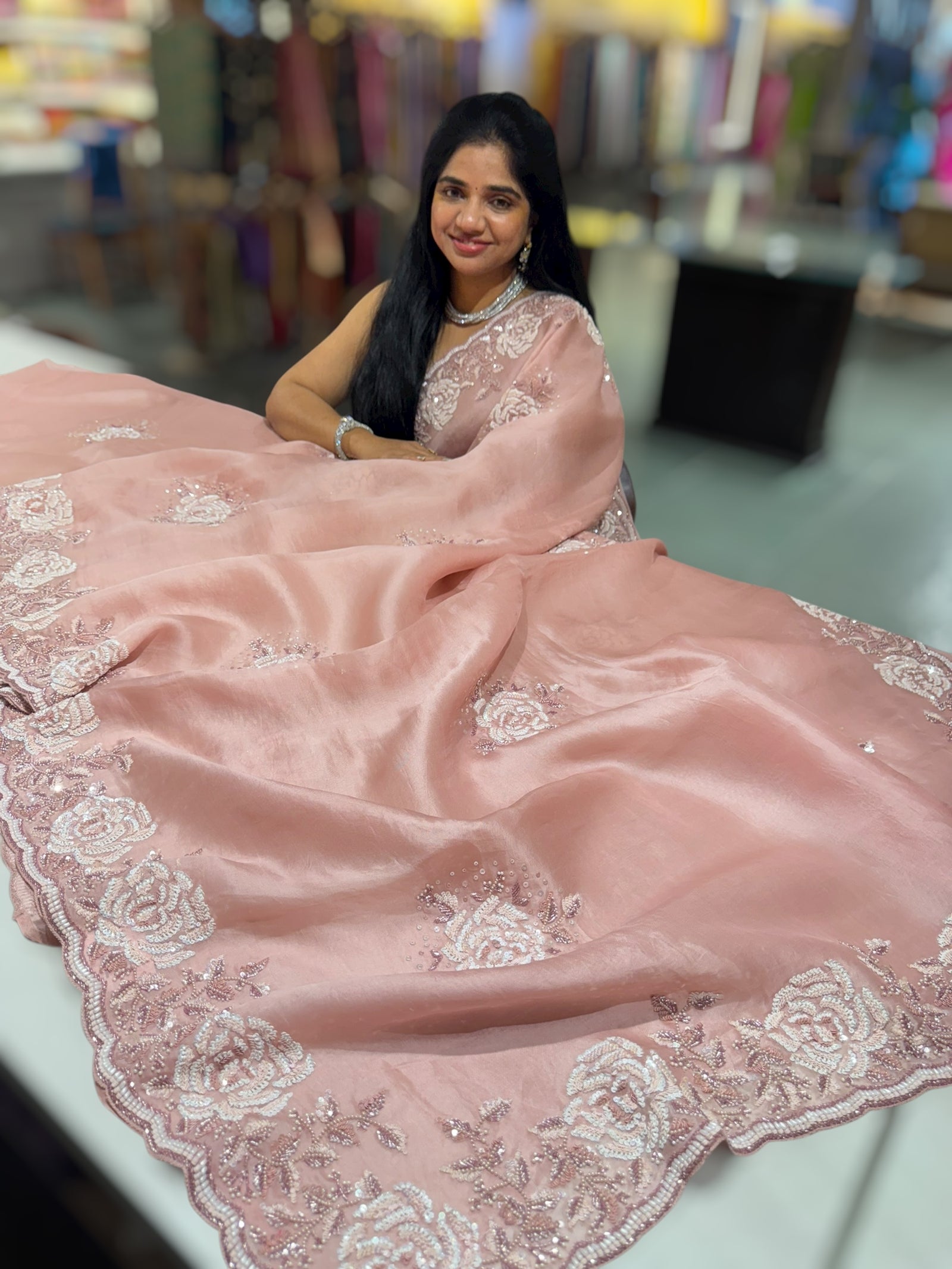 Nude Pink Organza with Rose handwork