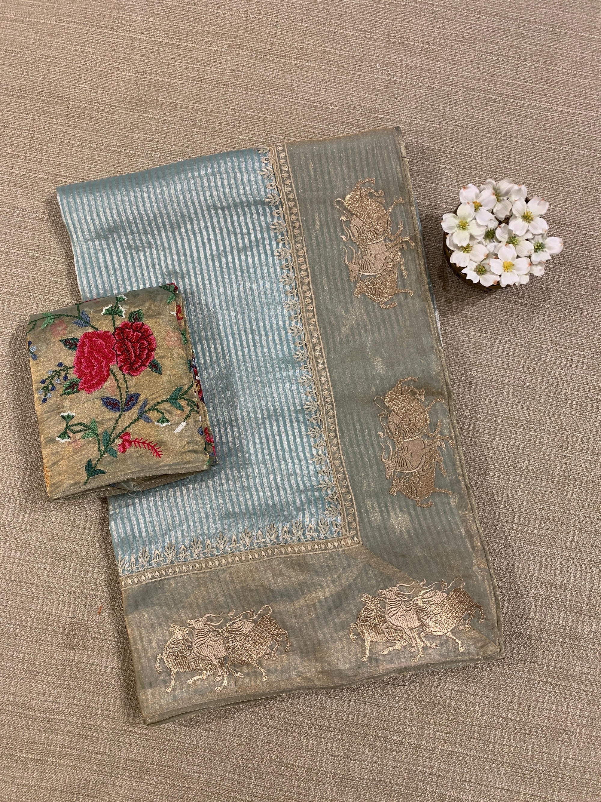 Pastel Blue Kora tissue stripes Saree with Nandi embroidered tissue border
