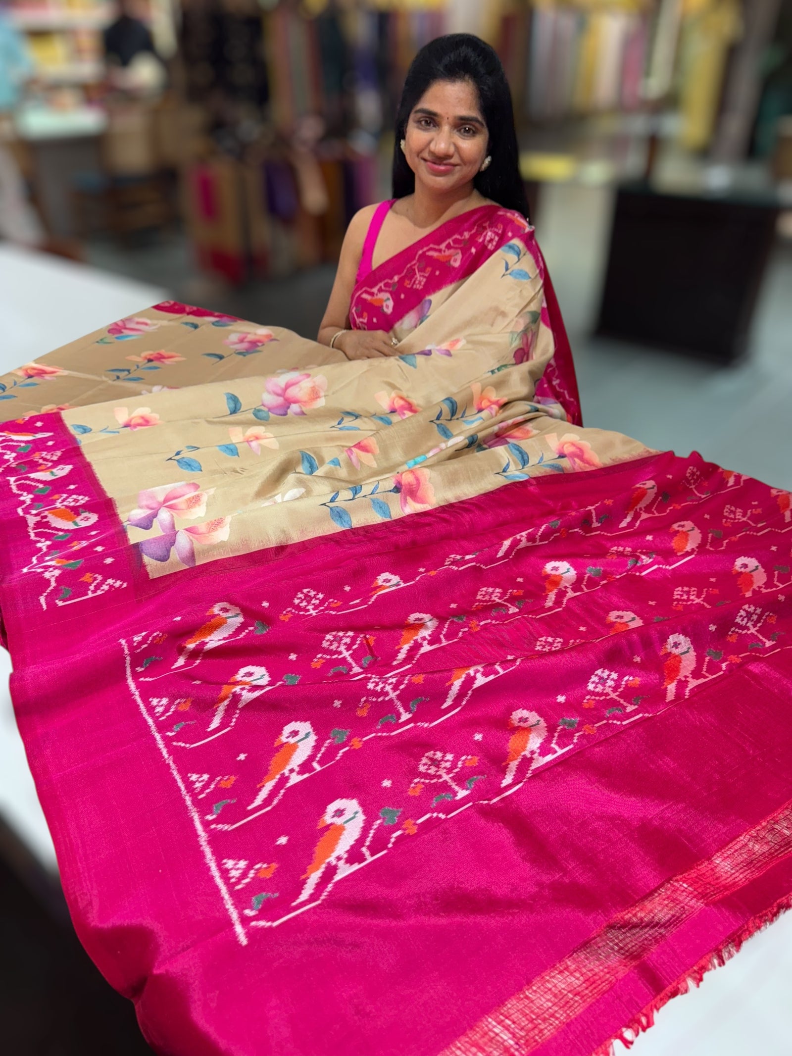 Chickoo & Pink combo Printed ikkath Patola saree